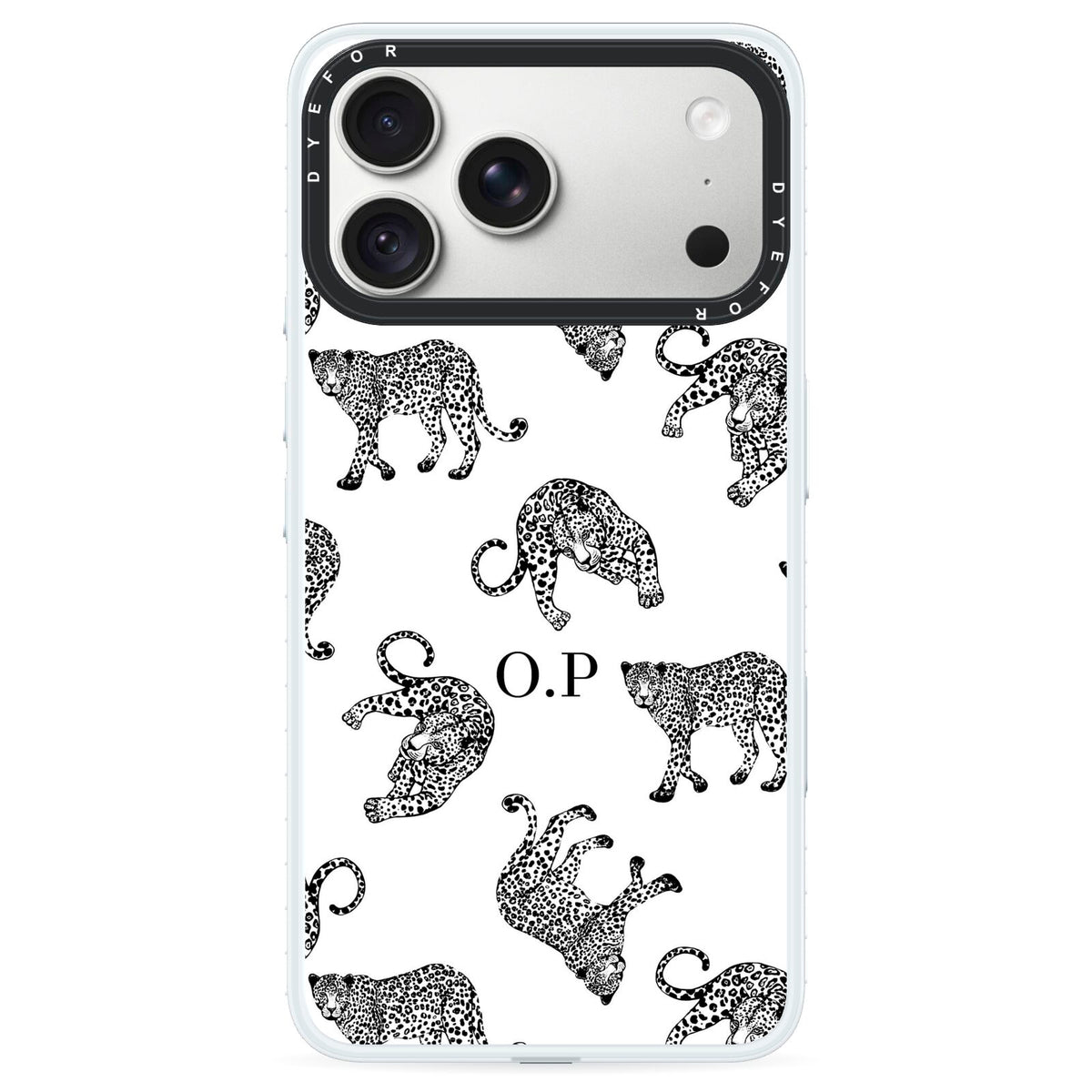Monochrome Leopard Print Personalised iPhone 18 Pro Black Impact Pre order Case on Silver phone