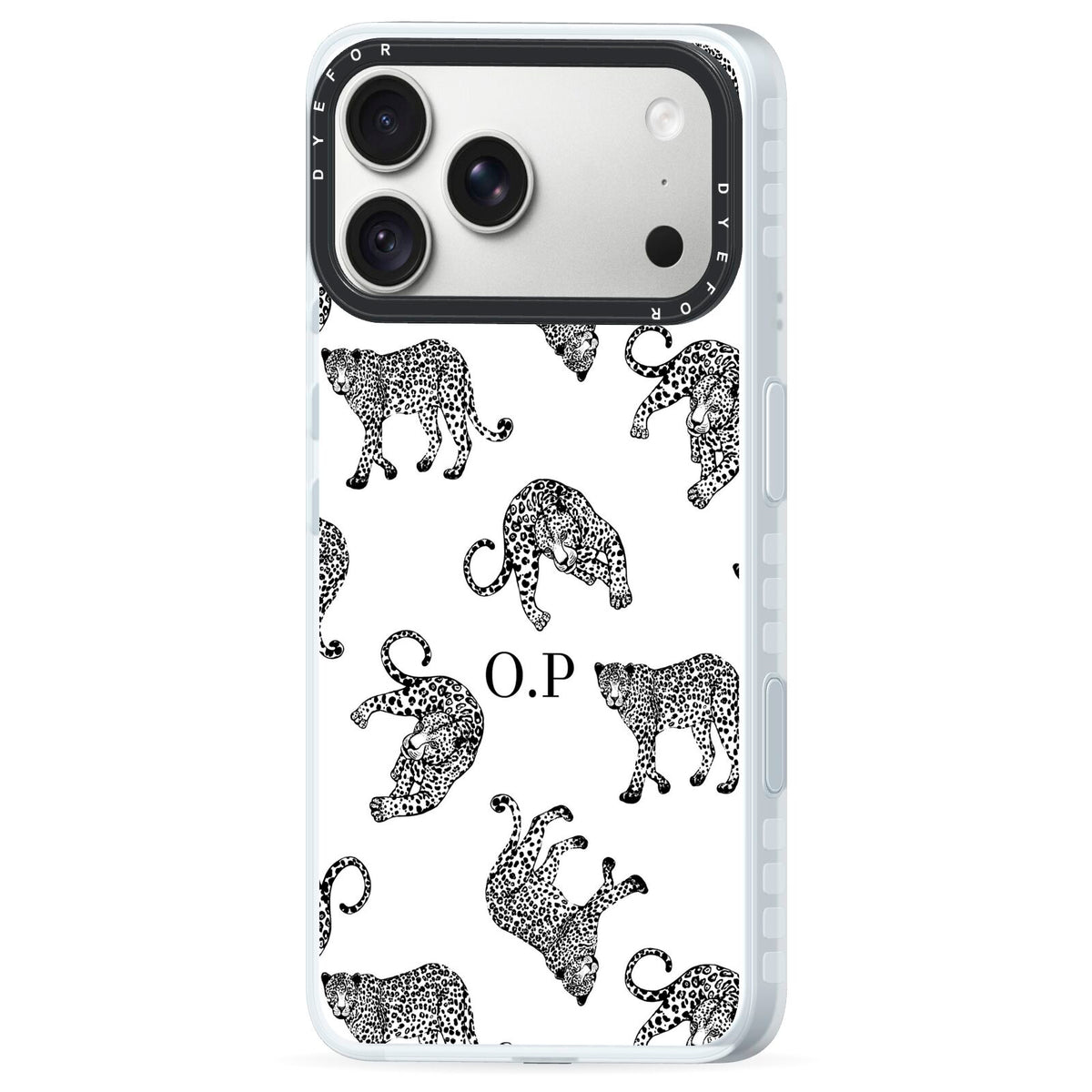 Monochrome Leopard Print Personalised iPhone 18 Pro Max Black Impact Pre order Case Side Angle on Silver phone