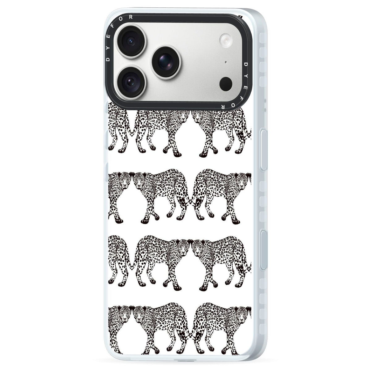 Monochrome Mirrored Leopard Print iPhone 18 Pro Black Impact Pre order Case Side Angle on Silver phone