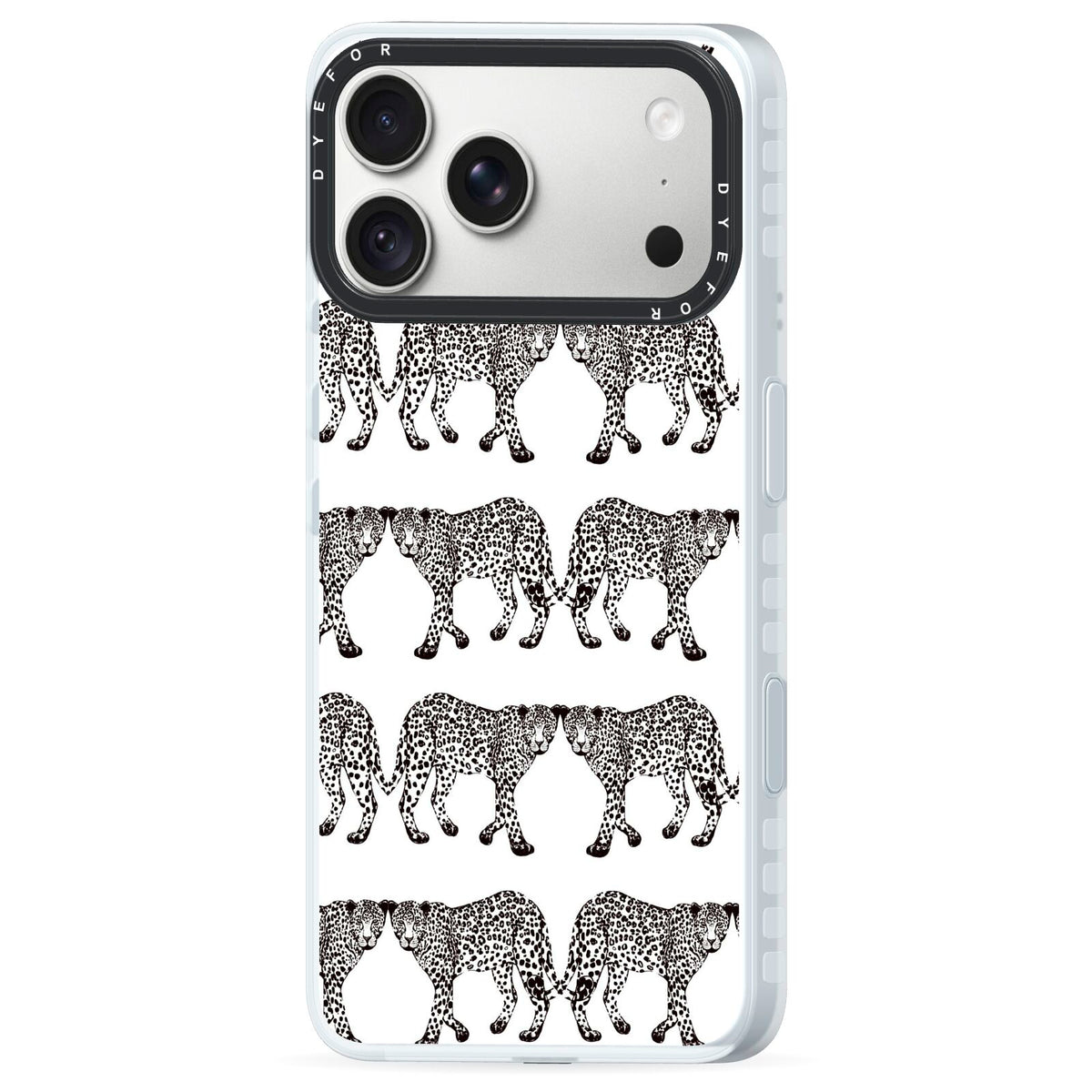 Monochrome Mirrored Leopard Print iPhone 18 Pro Max Black Impact Pre order Case Side Angle on Silver phone