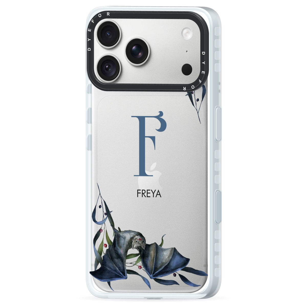 Monogram Bats iPhone 18 Pro Black Impact Pre order Case Side Angle on Silver phone