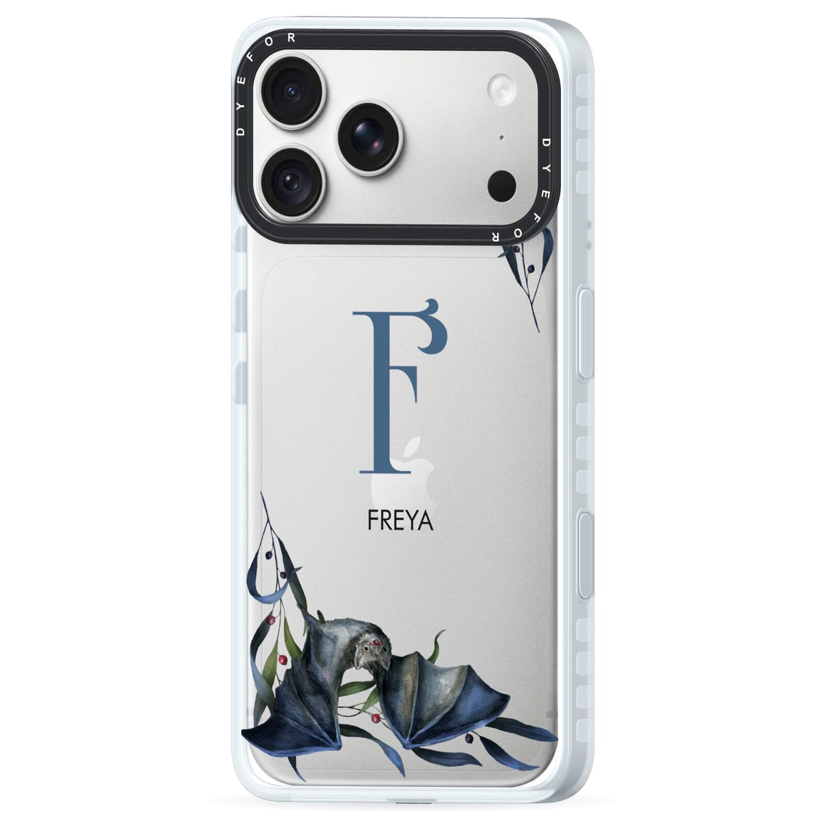 Monogram Bats iPhone 18 Pro Max Black Impact Pre order Case Side Angle on Silver phone
