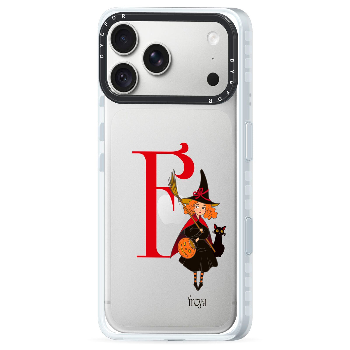 Monogram Witch iPhone 18 Pro Black Impact Pre order Case Side Angle on Silver phone
