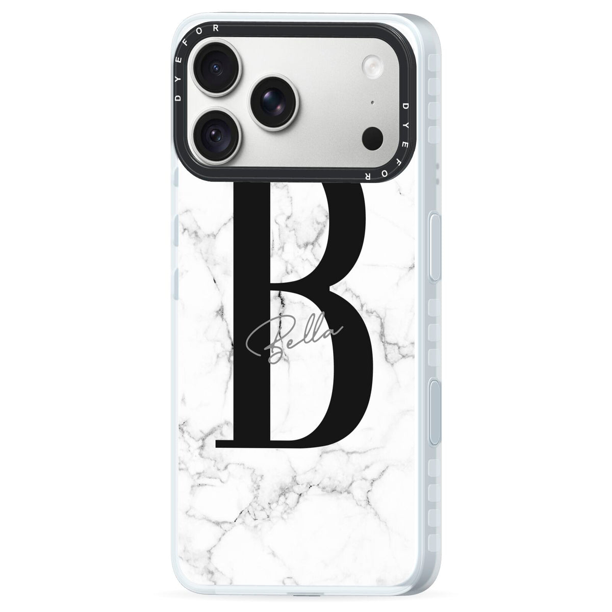 Monogrammed White Marble iPhone 18 Pro Black Impact Pre order Case Side Angle on Silver phone