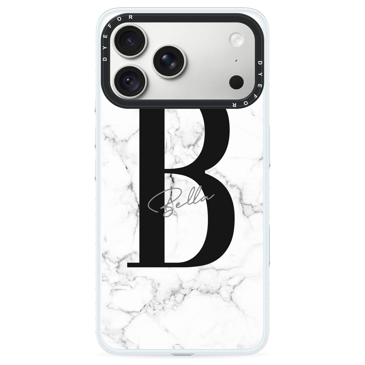 Monogrammed White Marble iPhone 18 Pro Black Impact Pre order Case on Silver phone