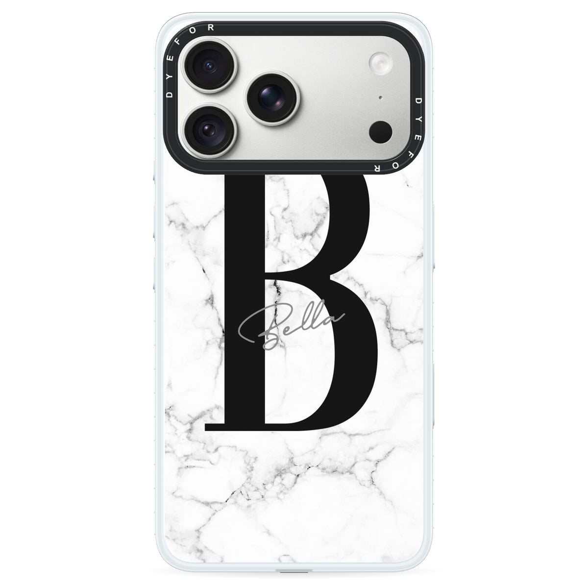 Monogrammed White Marble iPhone 18 Pro Max Black Impact Pre order Case on Silver phone