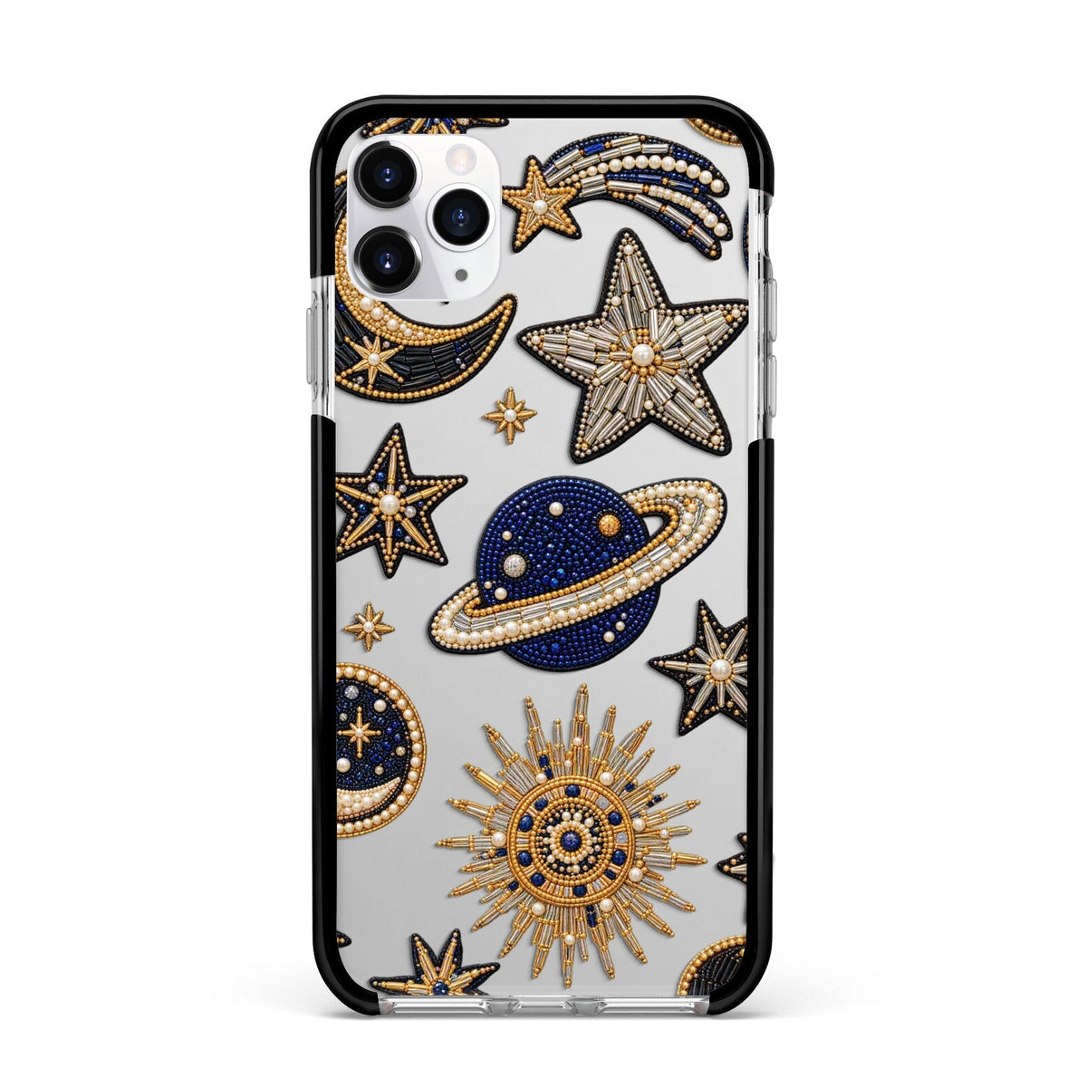 Moonlit Charms Beaded Celestial Apple iPhone 11 Pro Max in Silver with Black Impact Case