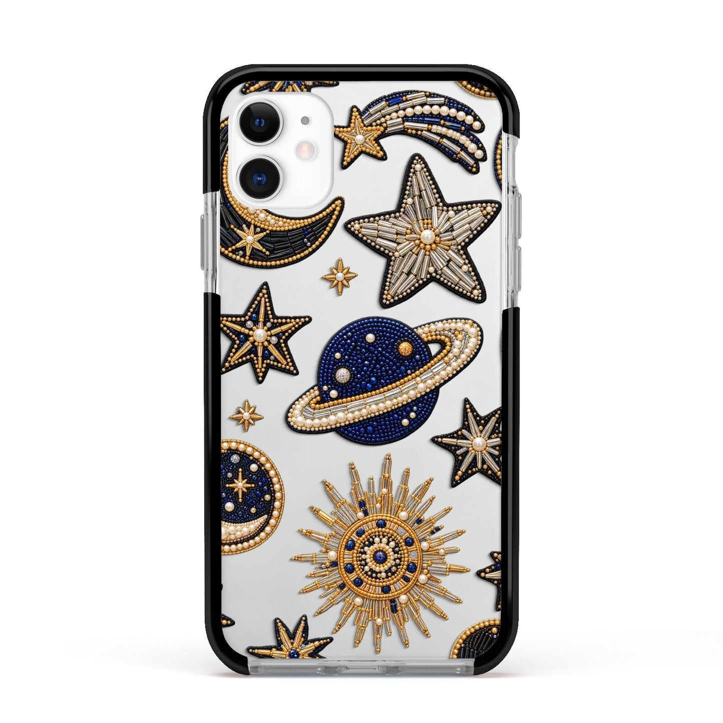 Moonlit Charms Beaded Celestial Apple iPhone 11 in White with Black Impact Case