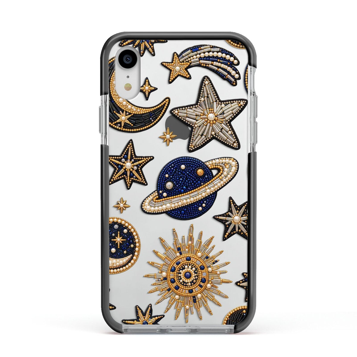 Moonlit Charms Beaded Celestial Apple iPhone XR Impact Case Black Edge on Silver Phone