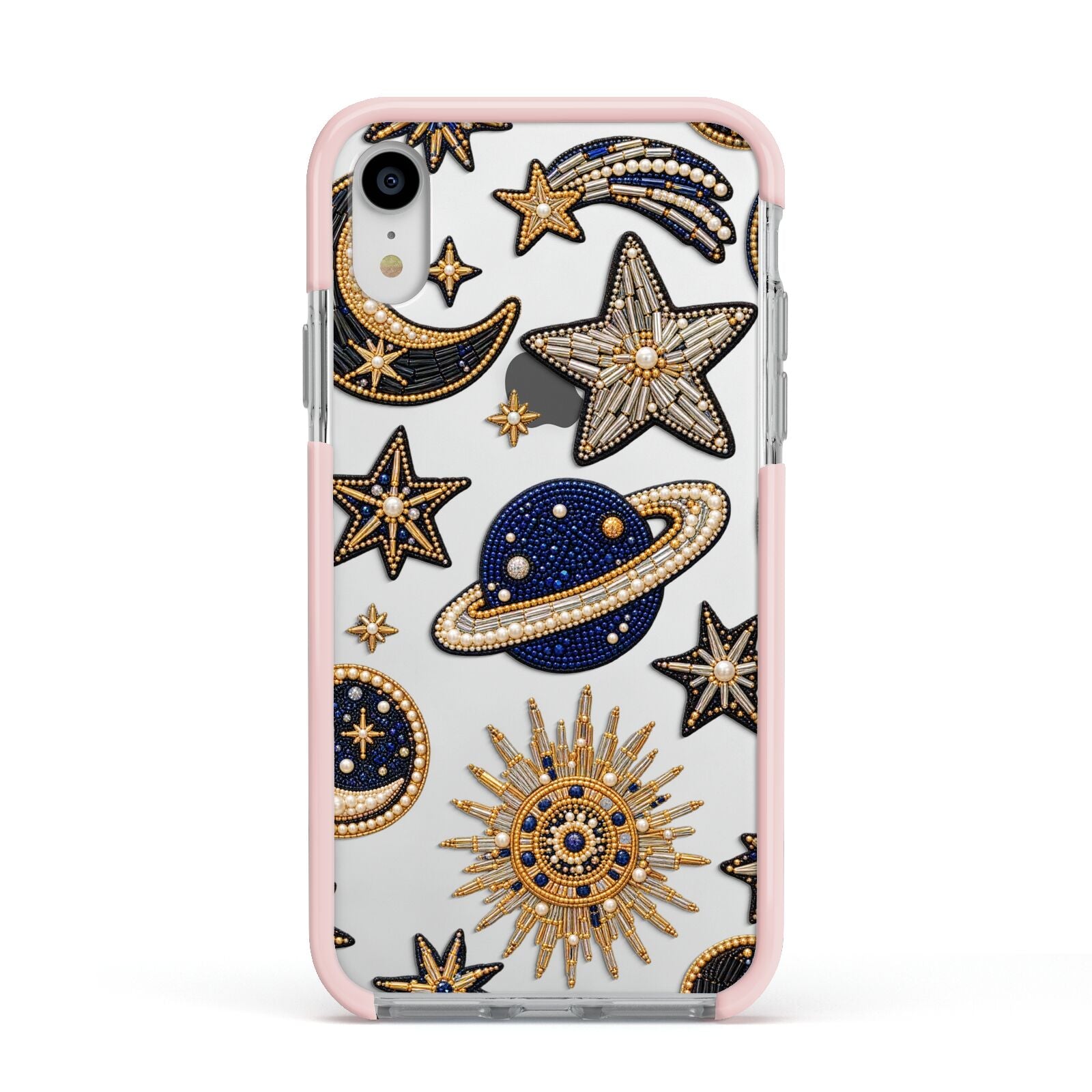 Moonlit Charms Beaded Celestial Apple iPhone XR Impact Case Pink Edge on Silver Phone