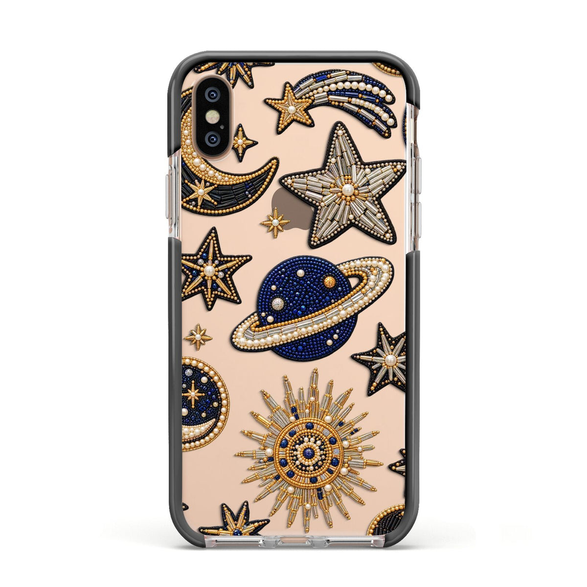 Moonlit Charms Beaded Celestial Apple iPhone Xs Impact Case Black Edge on Gold Phone