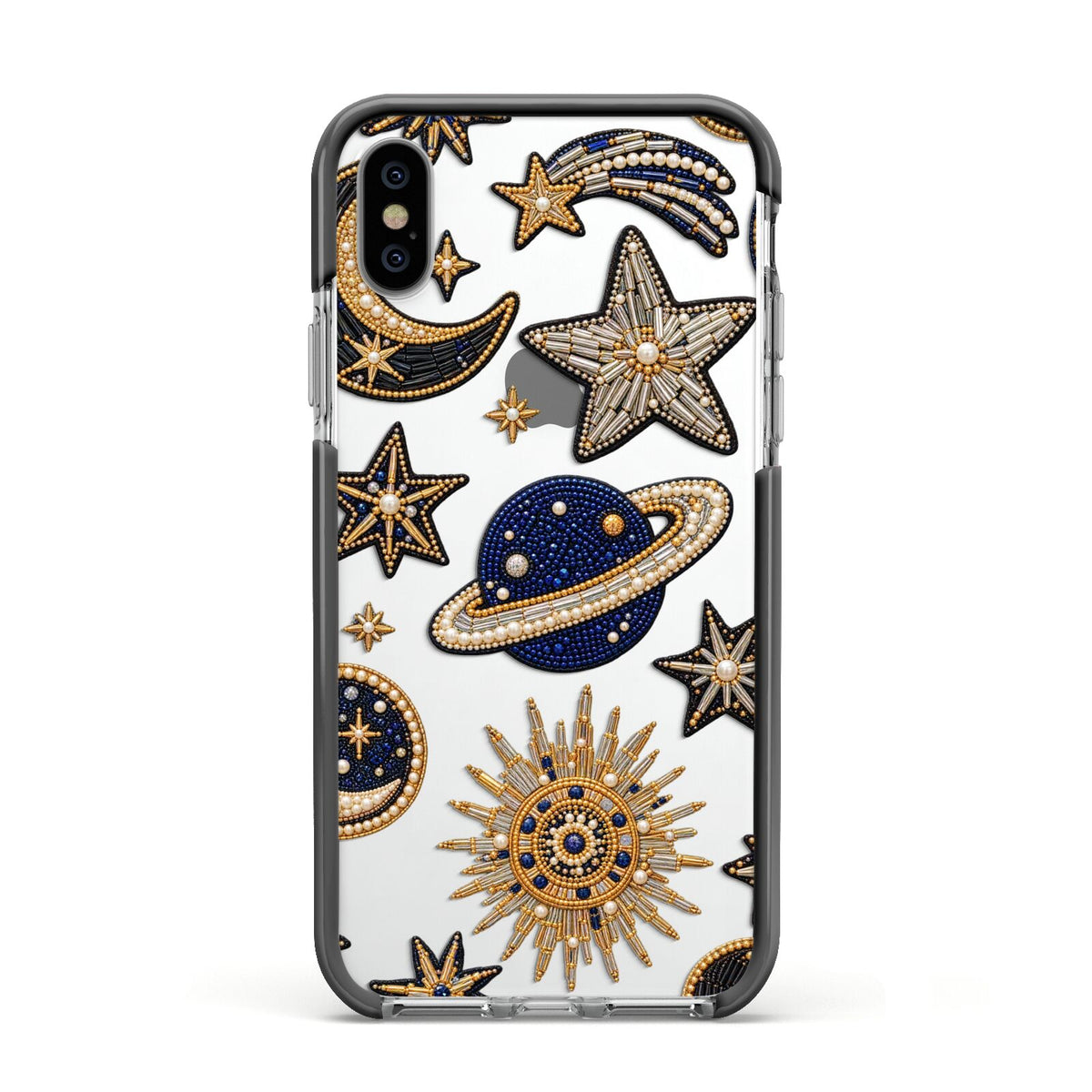 Moonlit Charms Beaded Celestial Apple iPhone Xs Impact Case Black Edge on Silver Phone