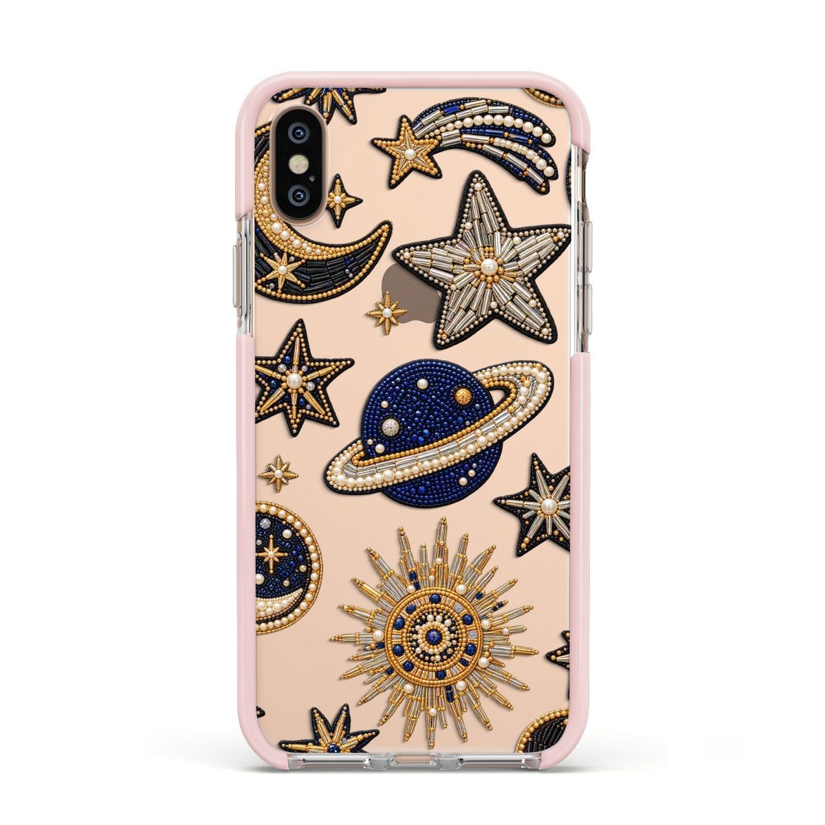 Moonlit Charms Beaded Celestial Apple iPhone Xs Impact Case Pink Edge on Gold Phone