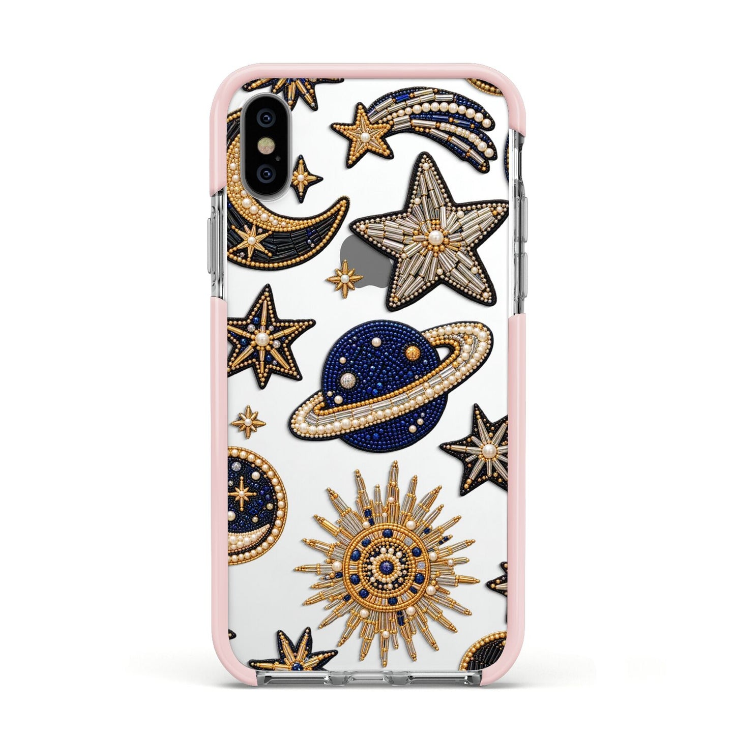 Moonlit Charms Beaded Celestial Apple iPhone Xs Impact Case Pink Edge on Silver Phone
