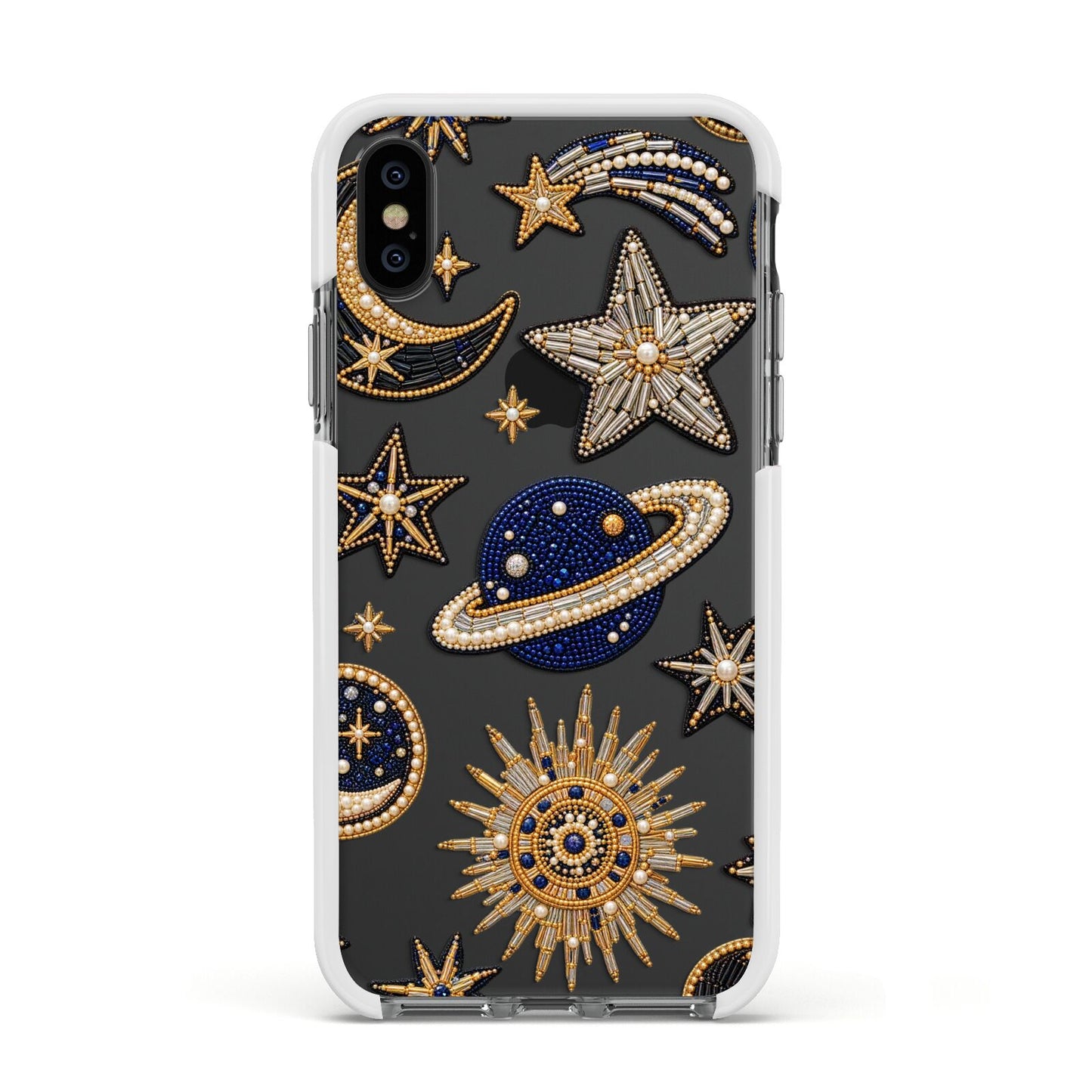 Moonlit Charms Beaded Celestial Apple iPhone Xs Impact Case White Edge on Black Phone