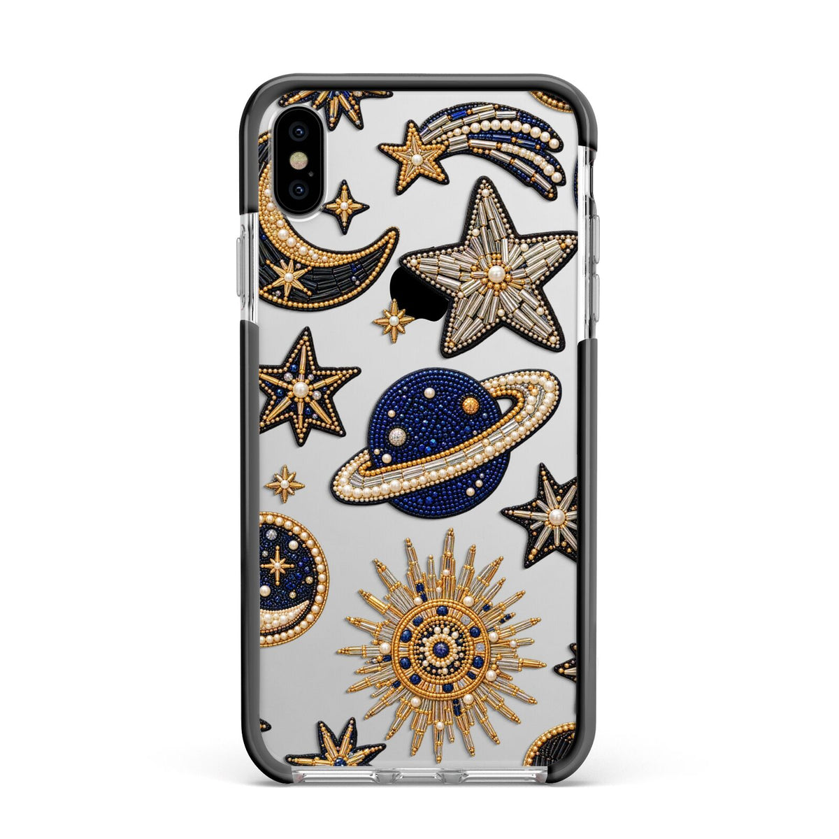 Moonlit Charms Beaded Celestial Apple iPhone Xs Max Impact Case Black Edge on Silver Phone
