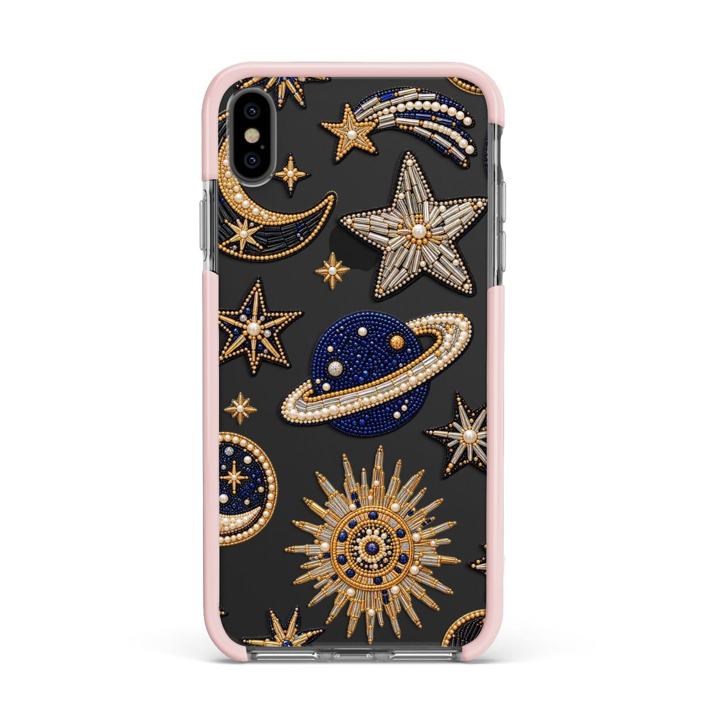 Moonlit Charms Beaded Celestial Apple iPhone Xs Max Impact Case Pink Edge on Black Phone