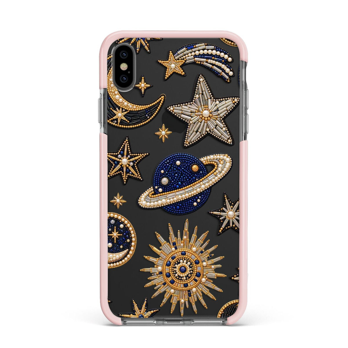 Moonlit Charms Beaded Celestial Apple iPhone Xs Max Impact Case Pink Edge on Black Phone