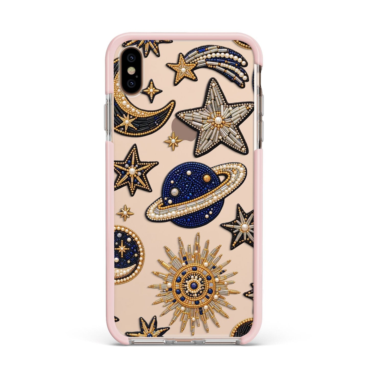 Moonlit Charms Beaded Celestial Apple iPhone Xs Max Impact Case Pink Edge on Gold Phone
