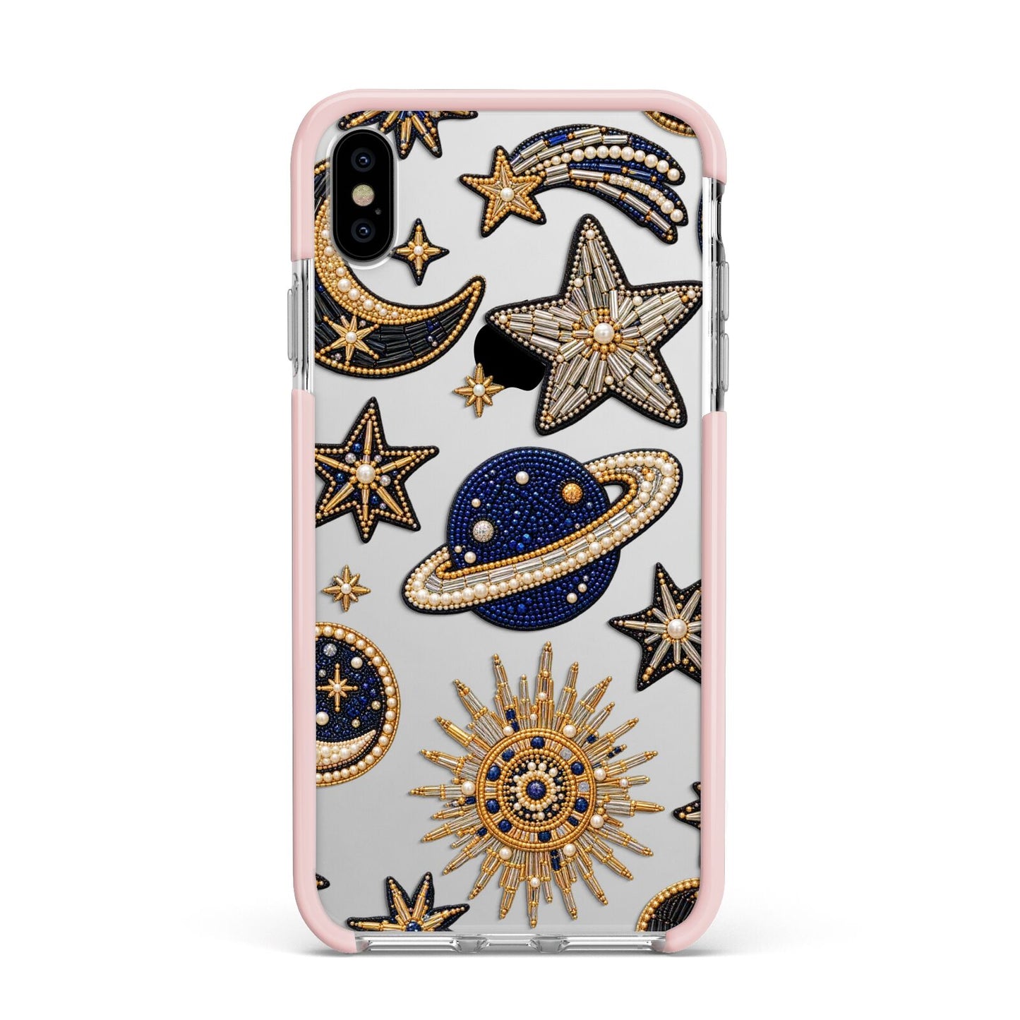 Moonlit Charms Beaded Celestial Apple iPhone Xs Max Impact Case Pink Edge on Silver Phone