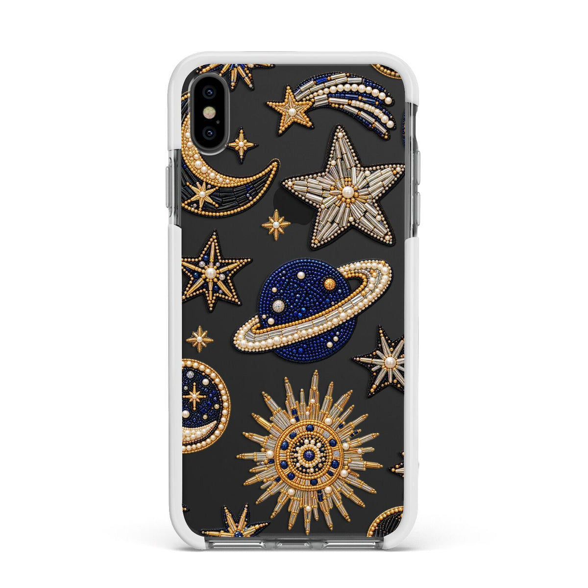 Moonlit Charms Beaded Celestial Apple iPhone Xs Max Impact Case White Edge on Black Phone