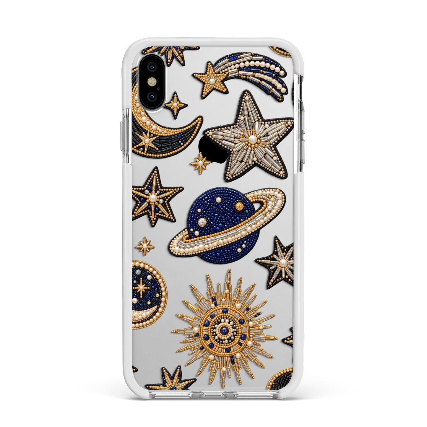 Moonlit Charms Beaded Celestial Apple iPhone Xs Max Impact Case White Edge on Silver Phone