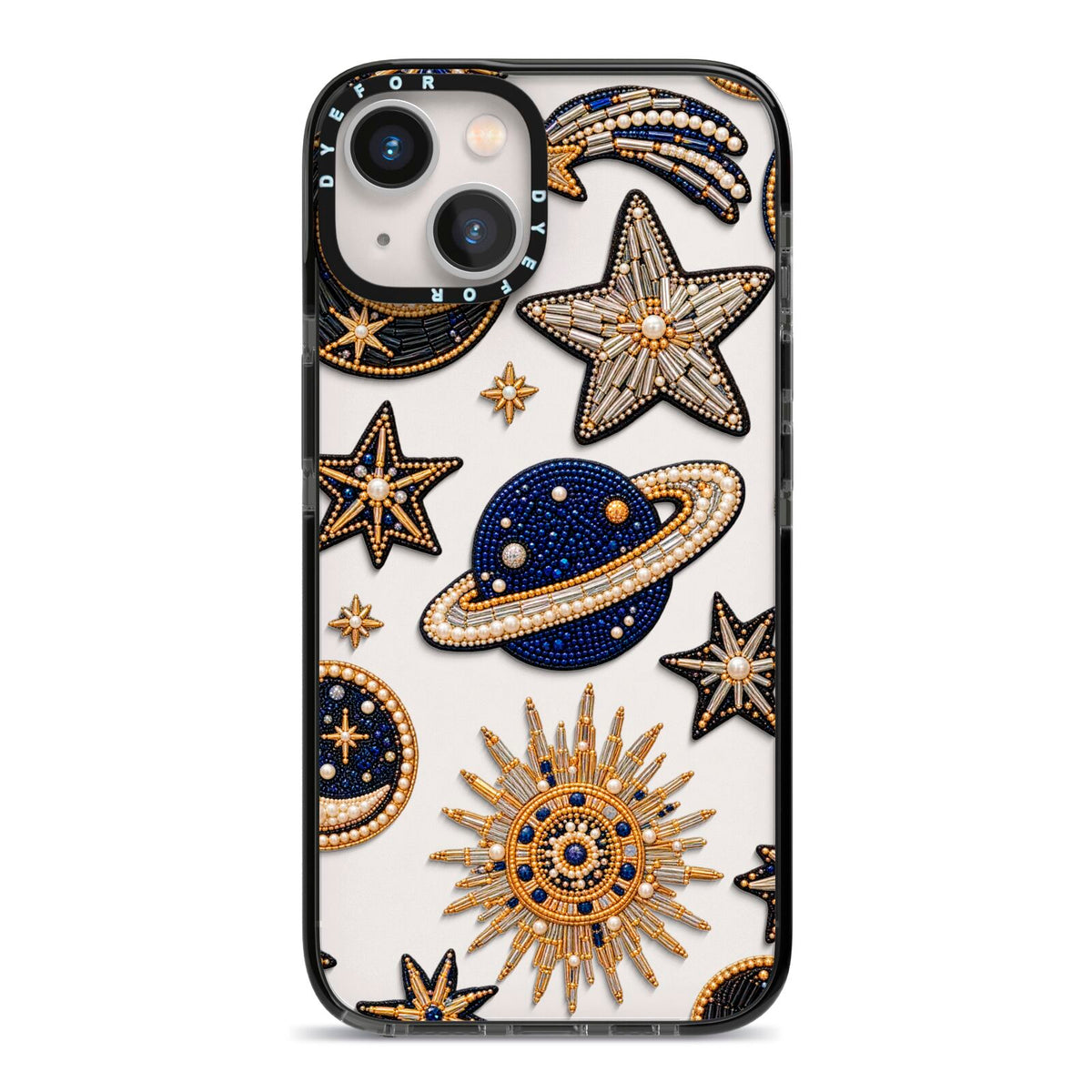 Moonlit Charms Beaded Celestial iPhone 13 Black Impact Case on Silver phone
