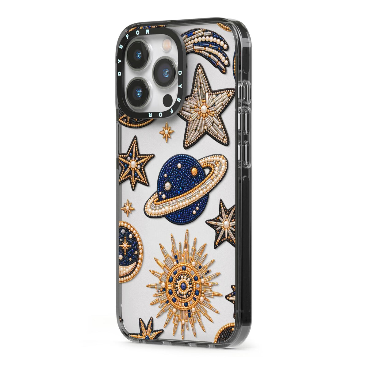 Moonlit Charms Beaded Celestial iPhone 13 Pro Black Impact Case Side Angle on Silver phone