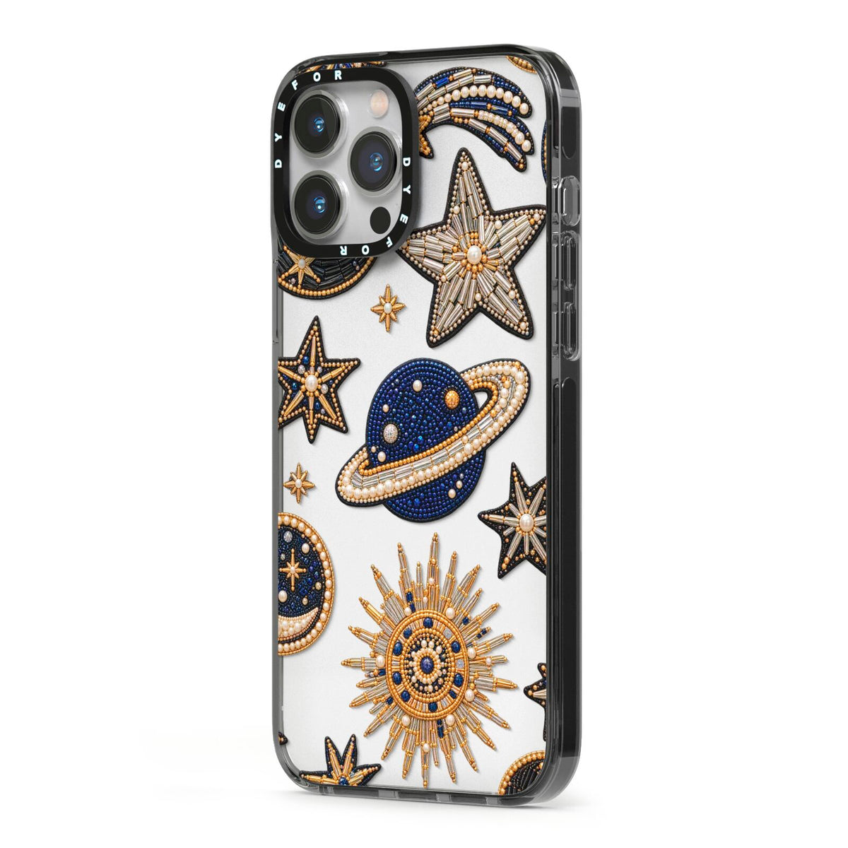 Moonlit Charms Beaded Celestial iPhone 13 Pro Max Black Impact Case Side Angle on Silver phone
