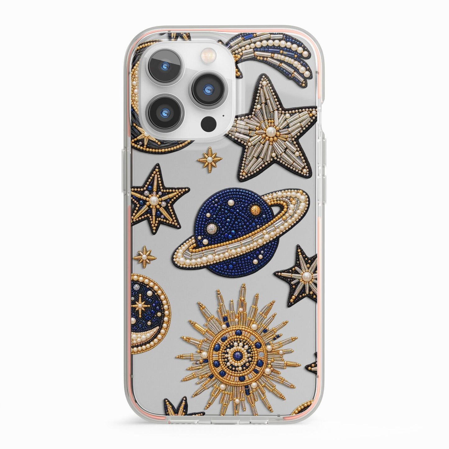 Moonlit Charms Beaded Celestial iPhone 13 Pro TPU Impact Case with Pink Edges