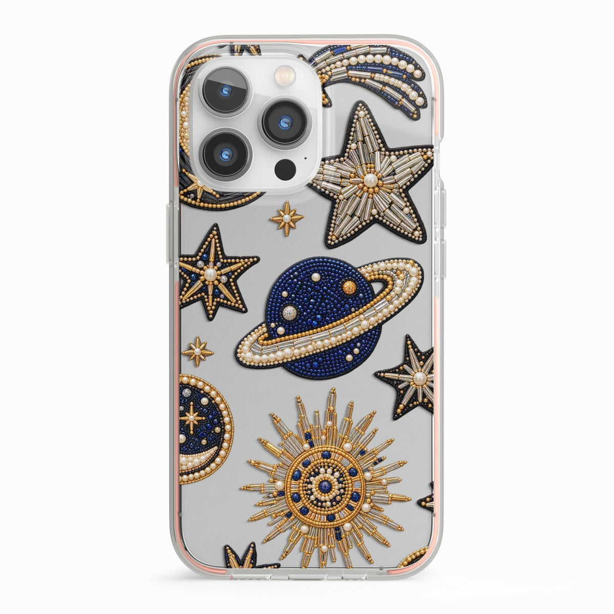 Moonlit Charms Beaded Celestial iPhone 13 Pro TPU Impact Case with Pink Edges