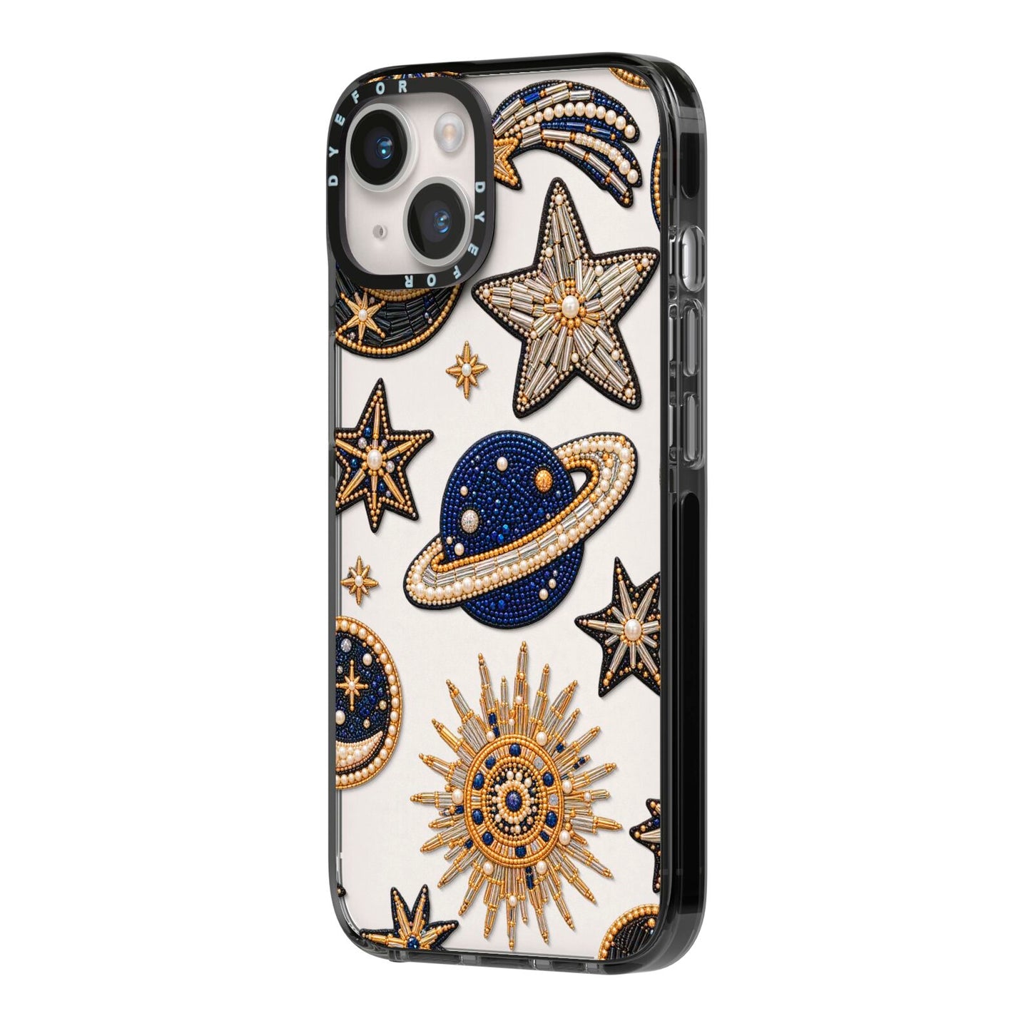 Moonlit Charms Beaded Celestial iPhone 14 Black Impact Case Side Angle on Silver phone