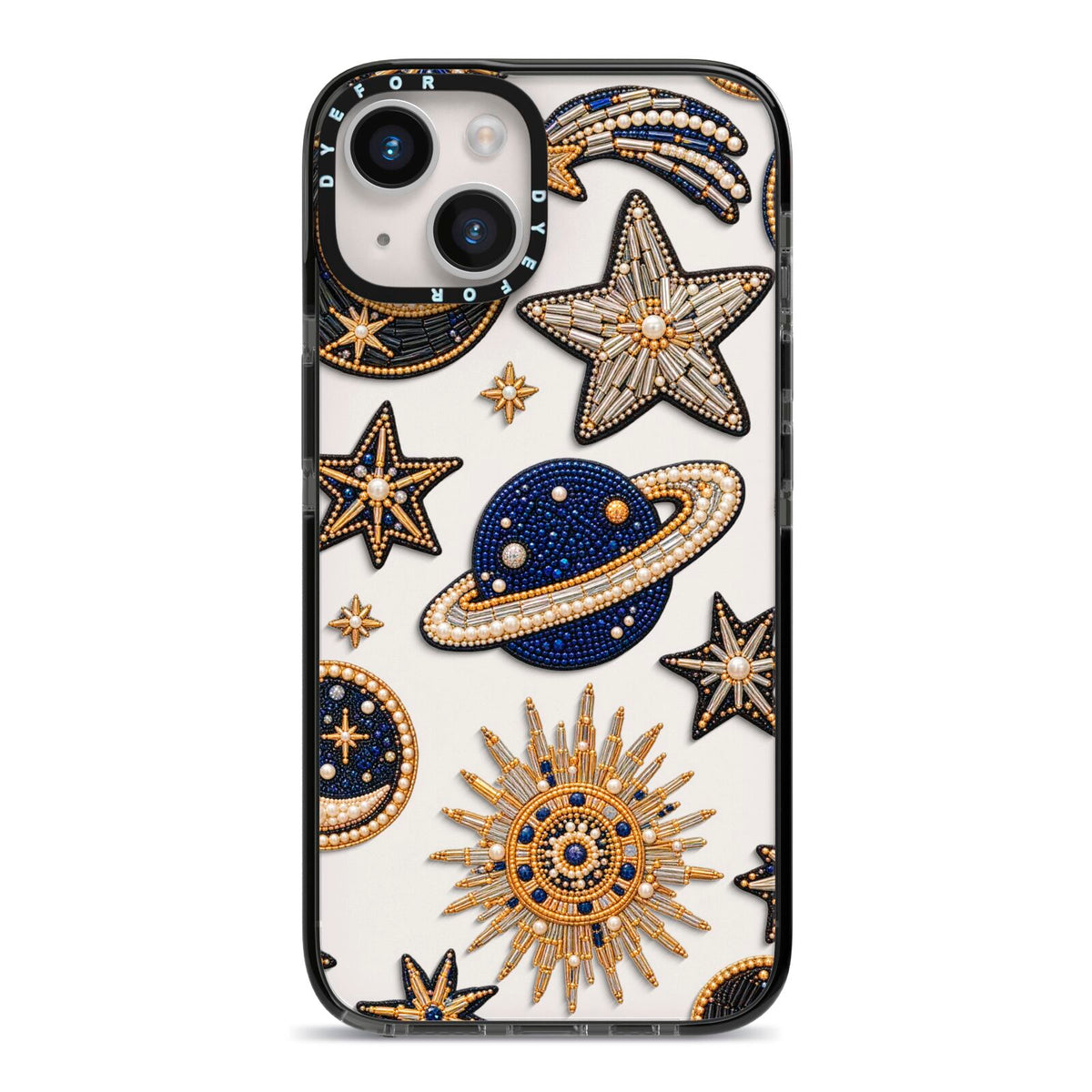 Moonlit Charms Beaded Celestial iPhone 14 Black Impact Case on Silver phone