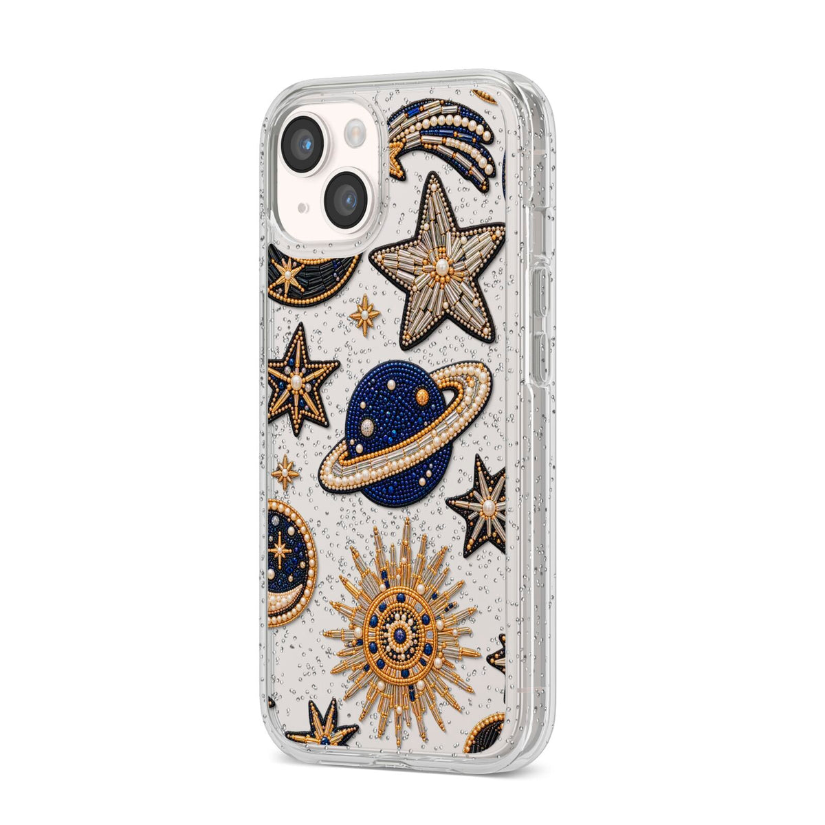 Moonlit Charms Beaded Celestial iPhone 14 Glitter Tough Case Starlight Angled Image
