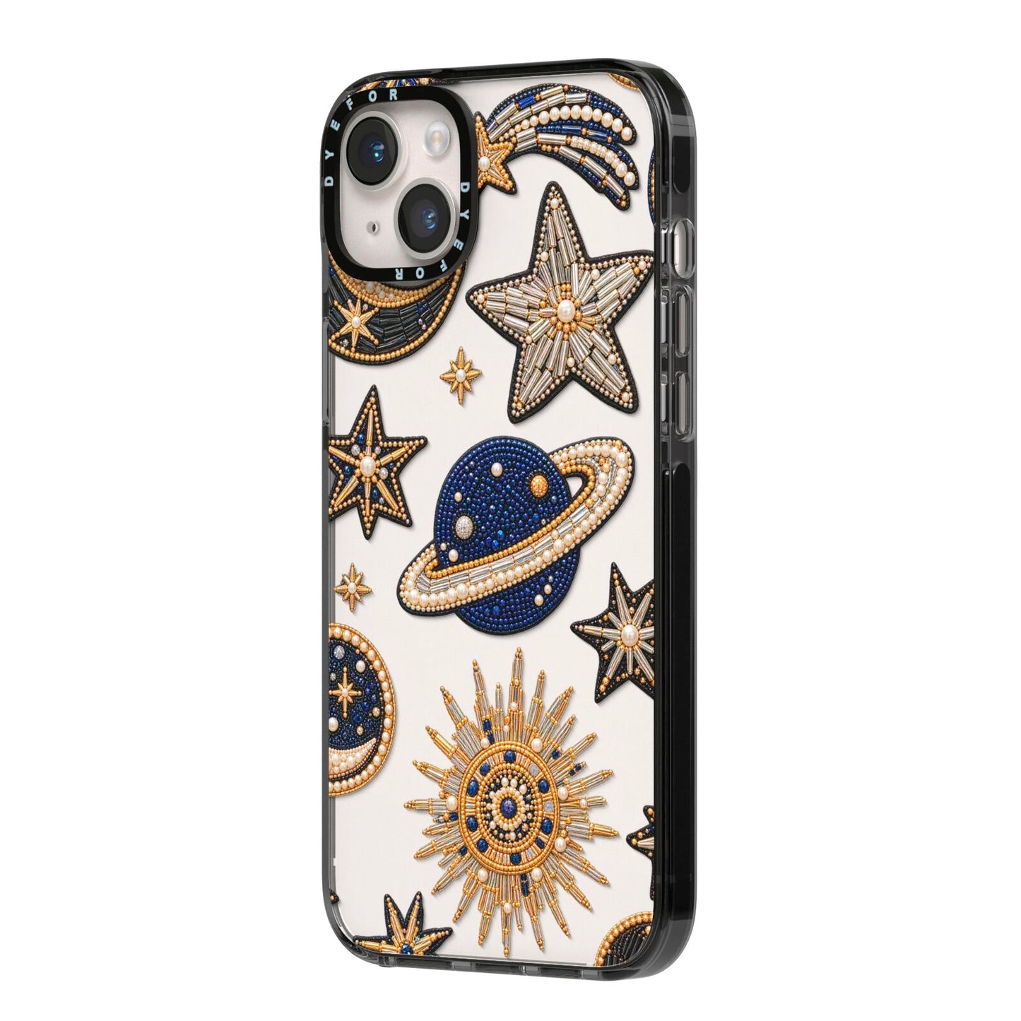 Moonlit Charms Beaded Celestial iPhone 14 Plus Black Impact Case Side Angle on Silver phone