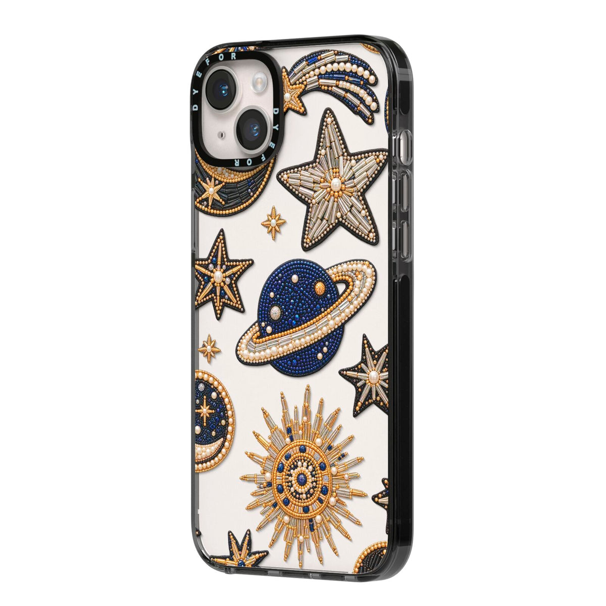 Moonlit Charms Beaded Celestial iPhone 14 Plus Black Impact Case Side Angle on Silver phone