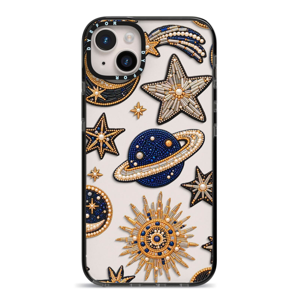 Moonlit Charms Beaded Celestial iPhone 14 Plus Black Impact Case on Silver phone