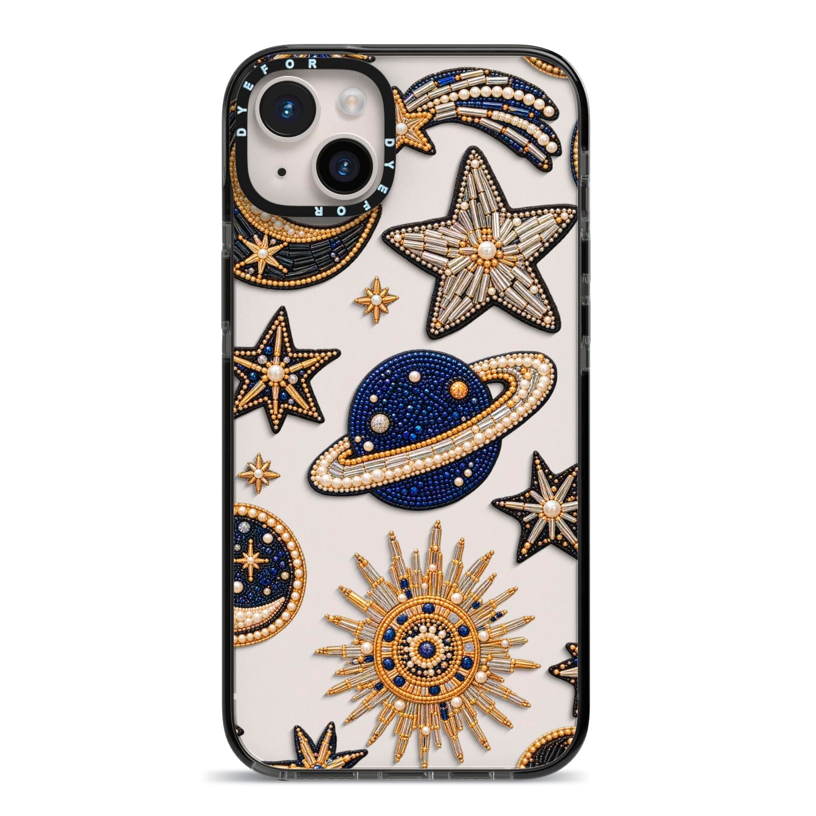 Moonlit Charms Beaded Celestial iPhone 14 Plus Black Impact Case on Silver phone