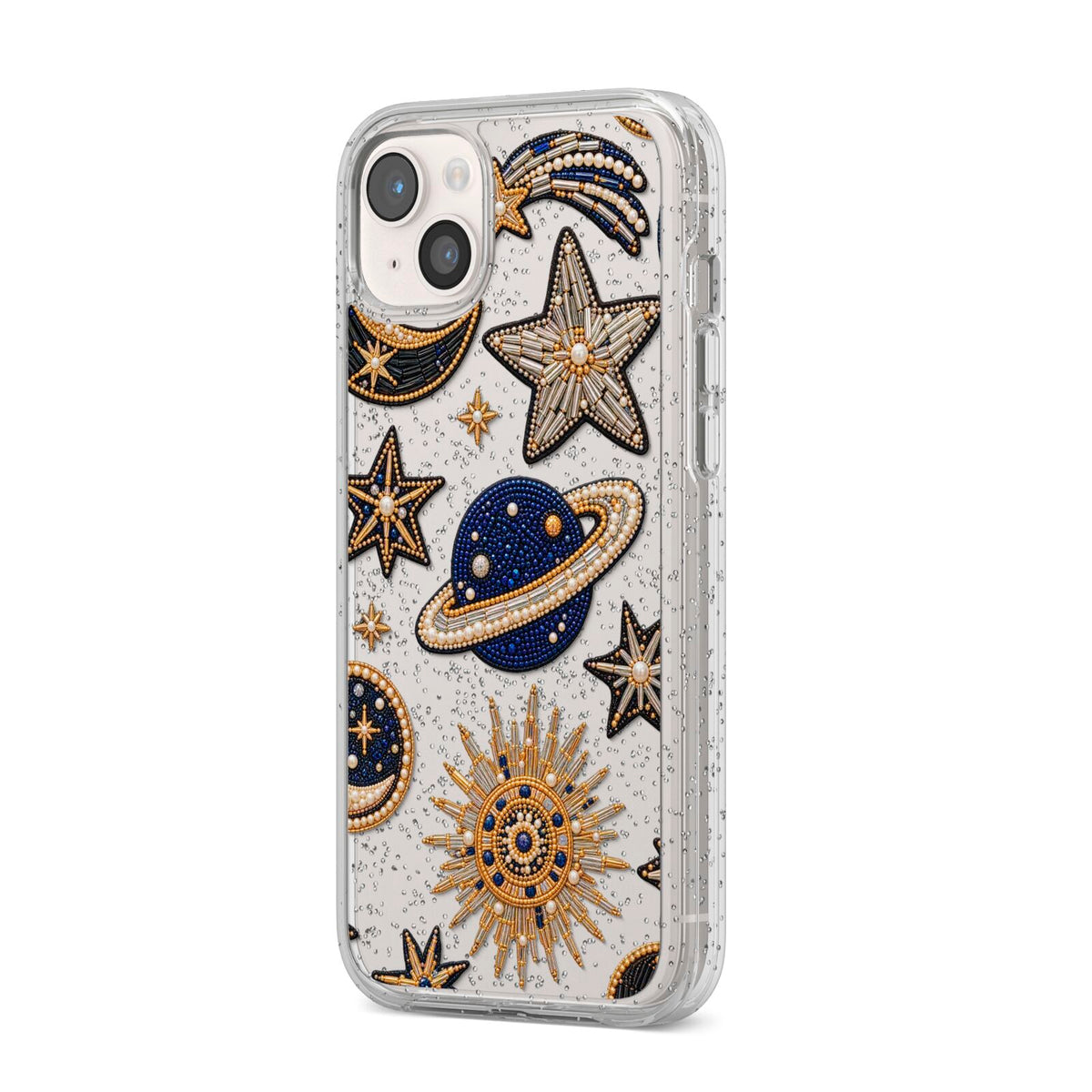 Moonlit Charms Beaded Celestial iPhone 14 Plus Glitter Tough Case Starlight Angled Image