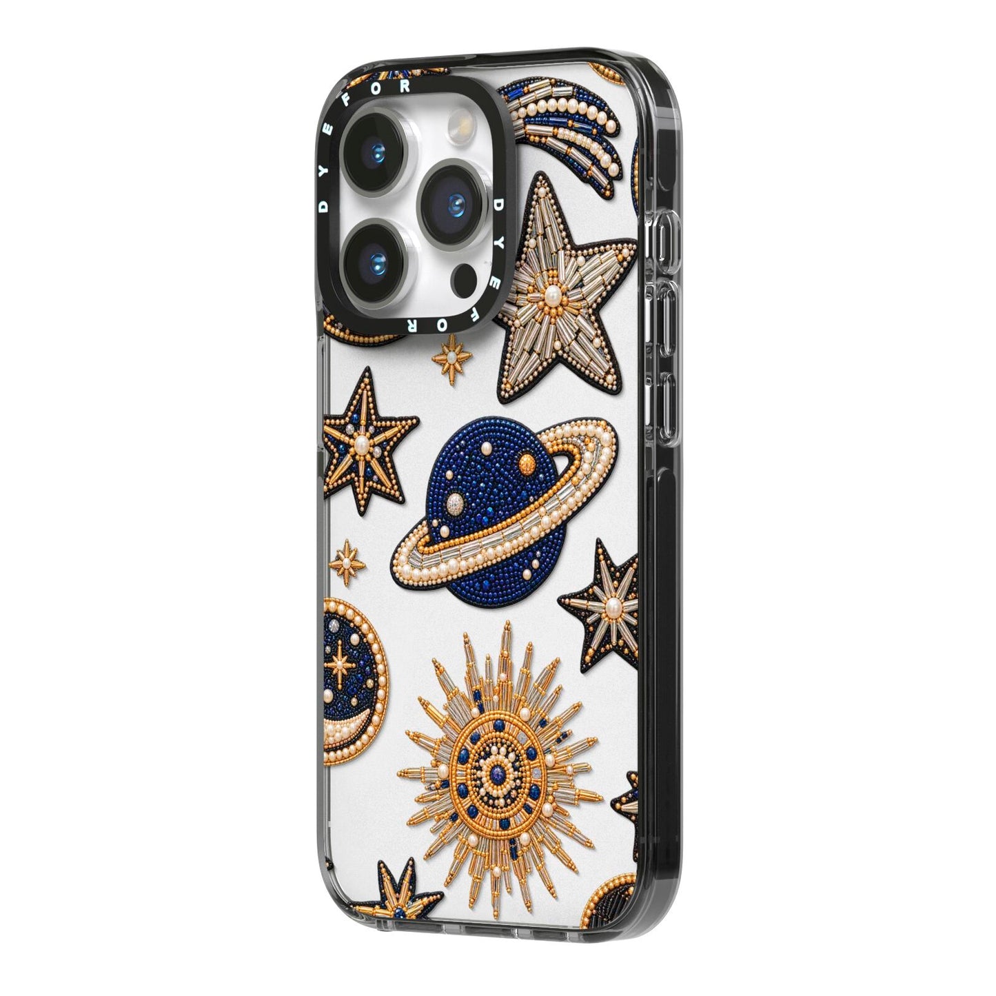 Moonlit Charms Beaded Celestial iPhone 14 Pro Black Impact Case Side Angle on Silver phone
