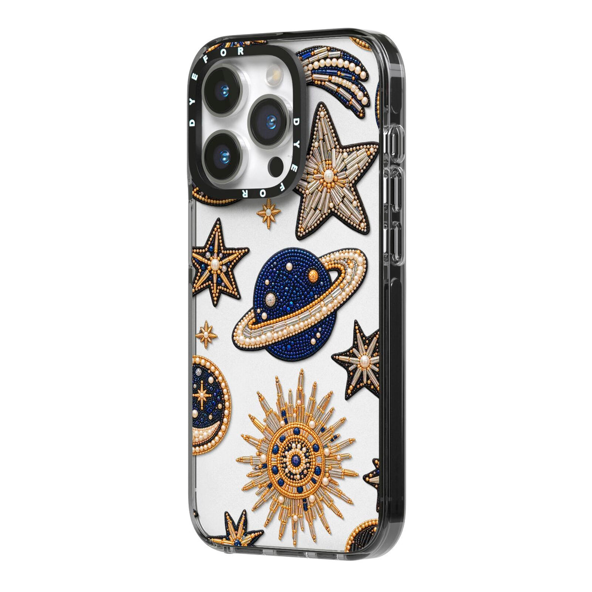 Moonlit Charms Beaded Celestial iPhone 14 Pro Black Impact Case Side Angle on Silver phone