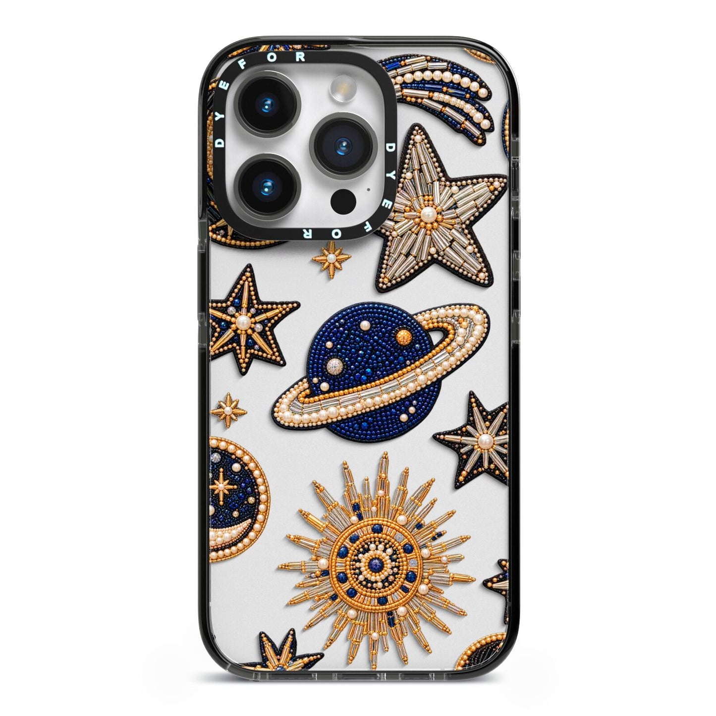 Moonlit Charms Beaded Celestial iPhone 14 Pro Black Impact Case on Silver phone