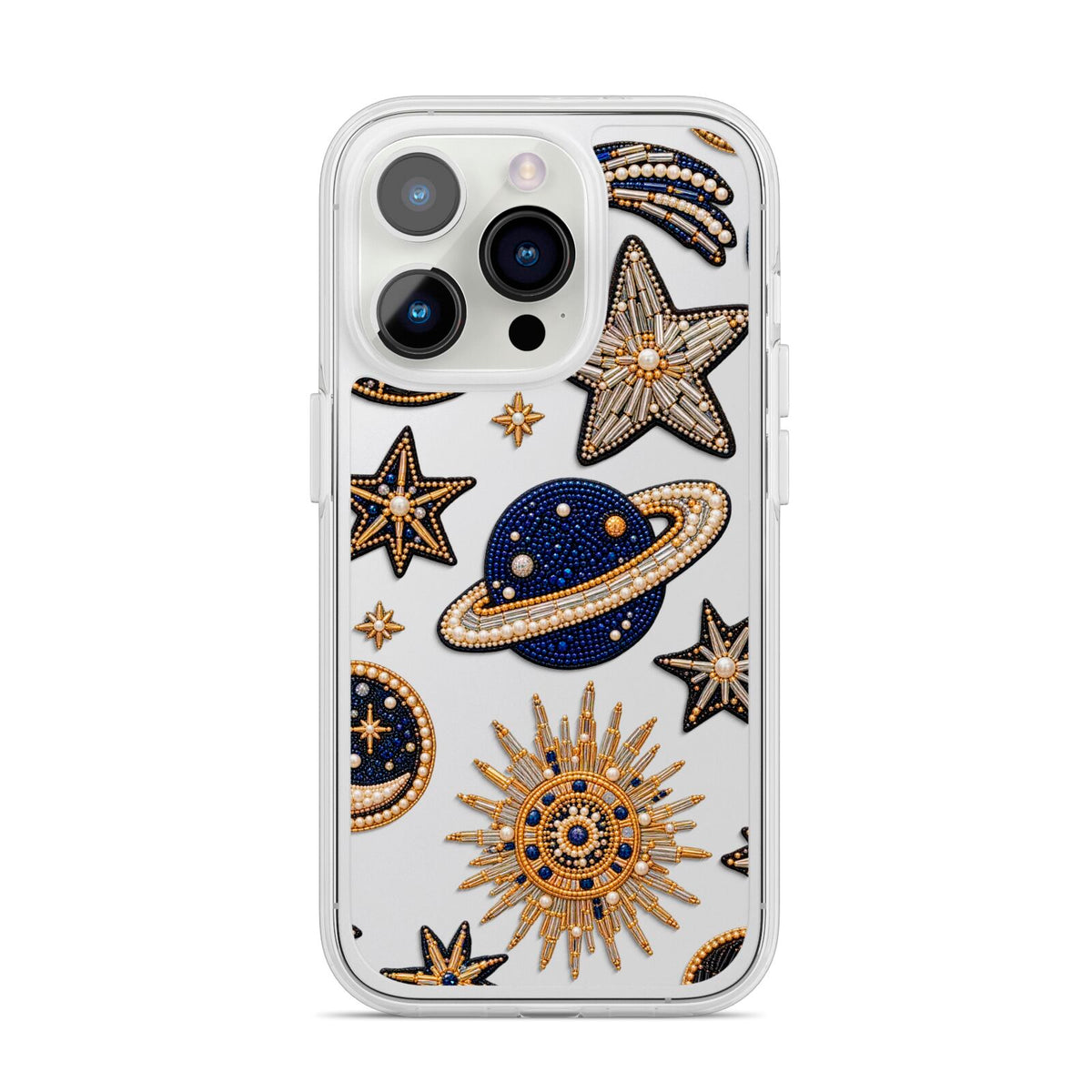 Moonlit Charms Beaded Celestial iPhone 14 Pro Clear Tough Case Silver