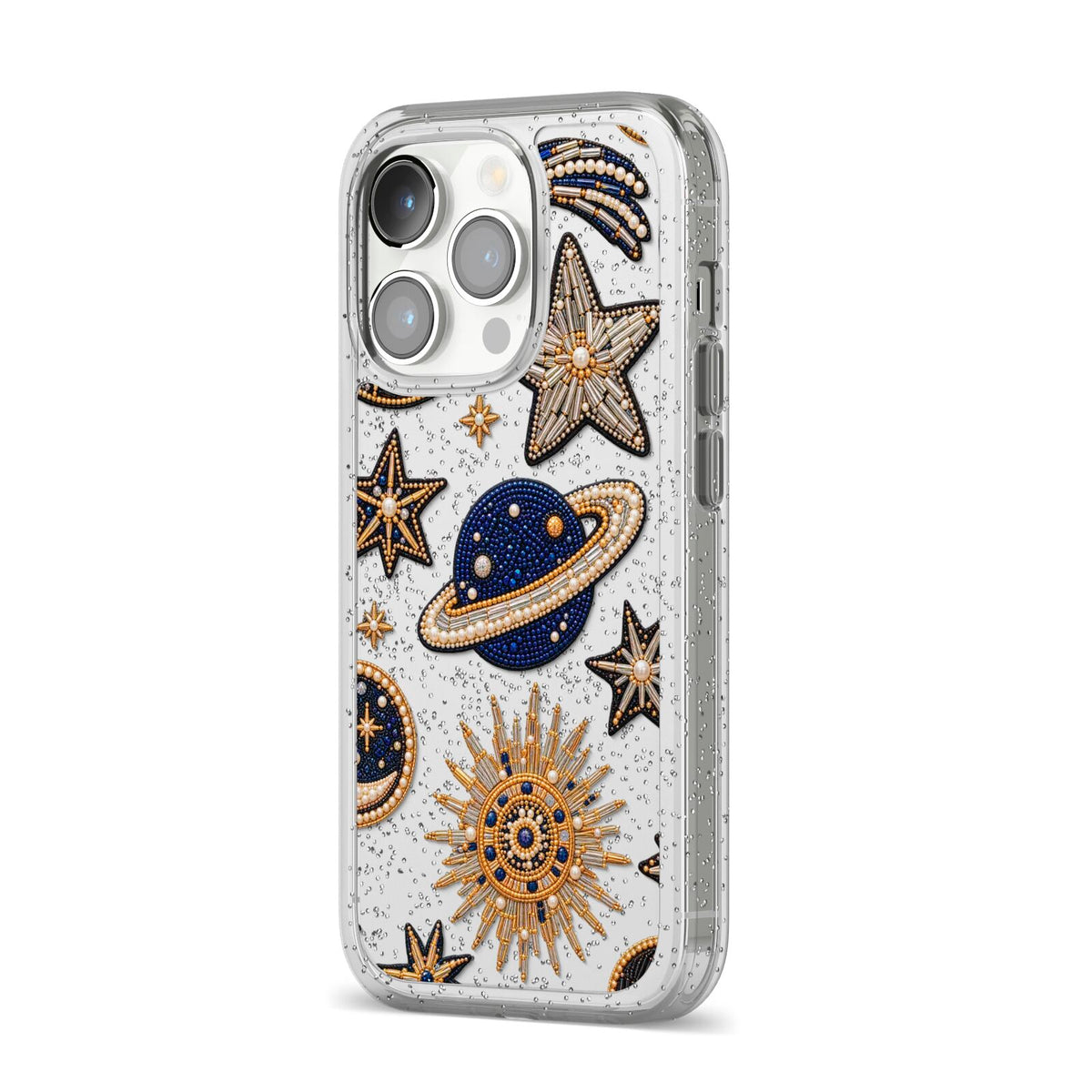 Moonlit Charms Beaded Celestial iPhone 14 Pro Glitter Tough Case Silver Angled Image
