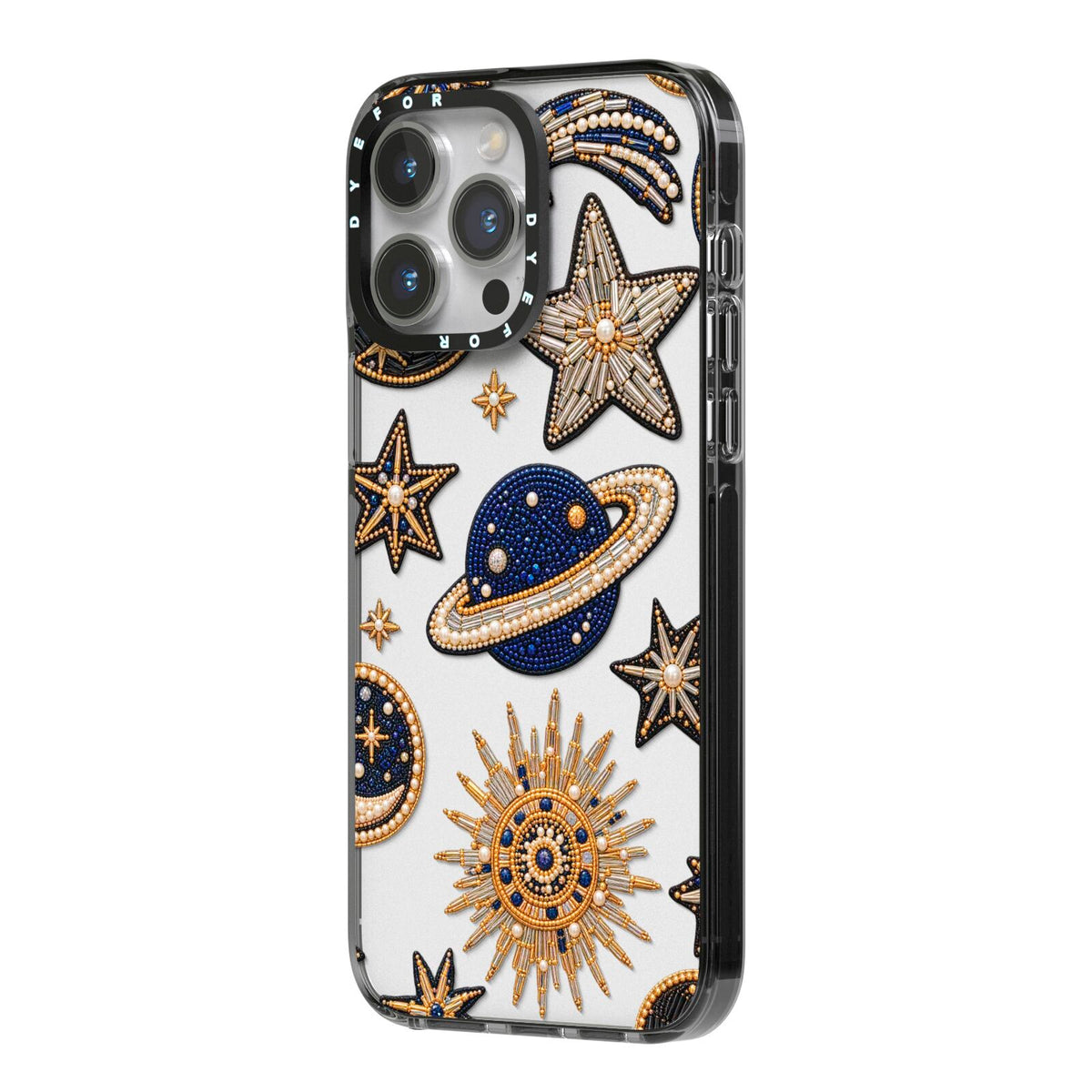 Moonlit Charms Beaded Celestial iPhone 14 Pro Max Black Impact Case Side Angle on Silver phone