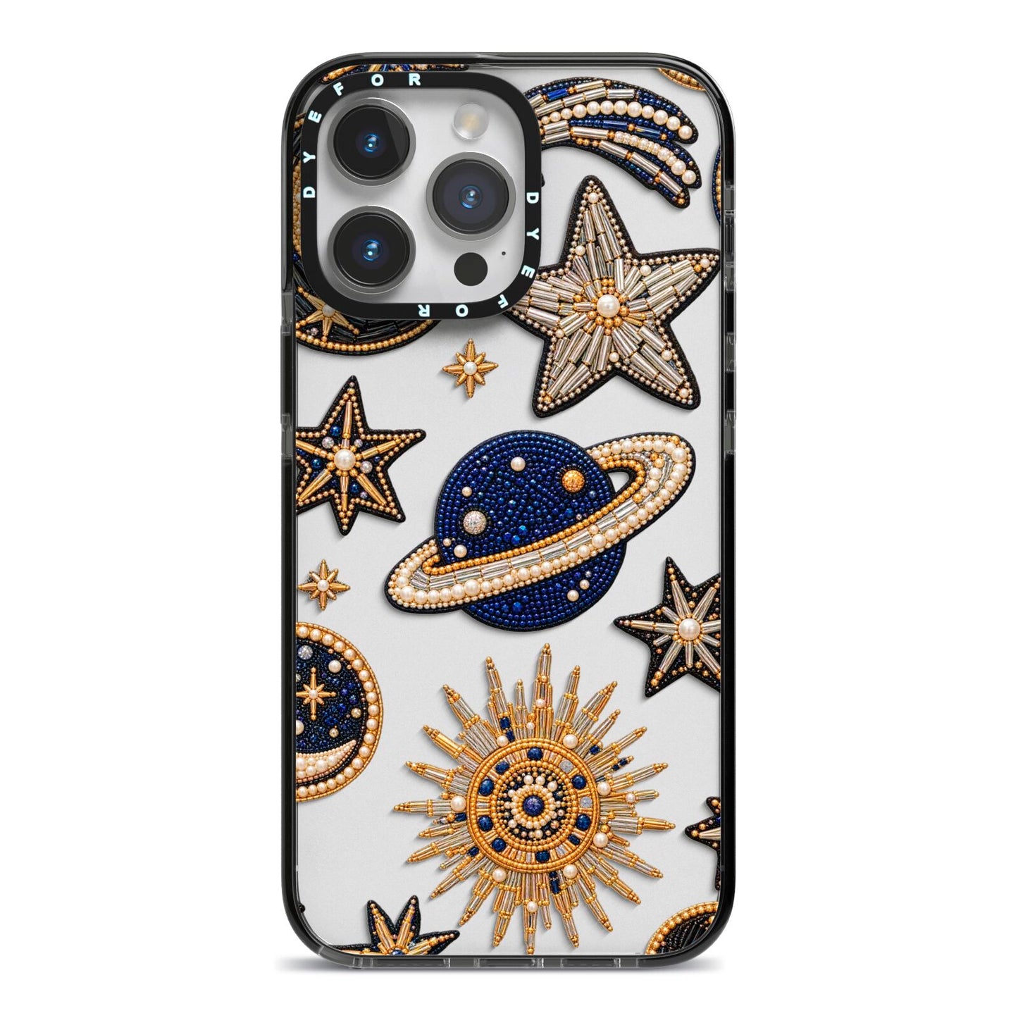 Moonlit Charms Beaded Celestial iPhone 14 Pro Max Black Impact Case on Silver phone