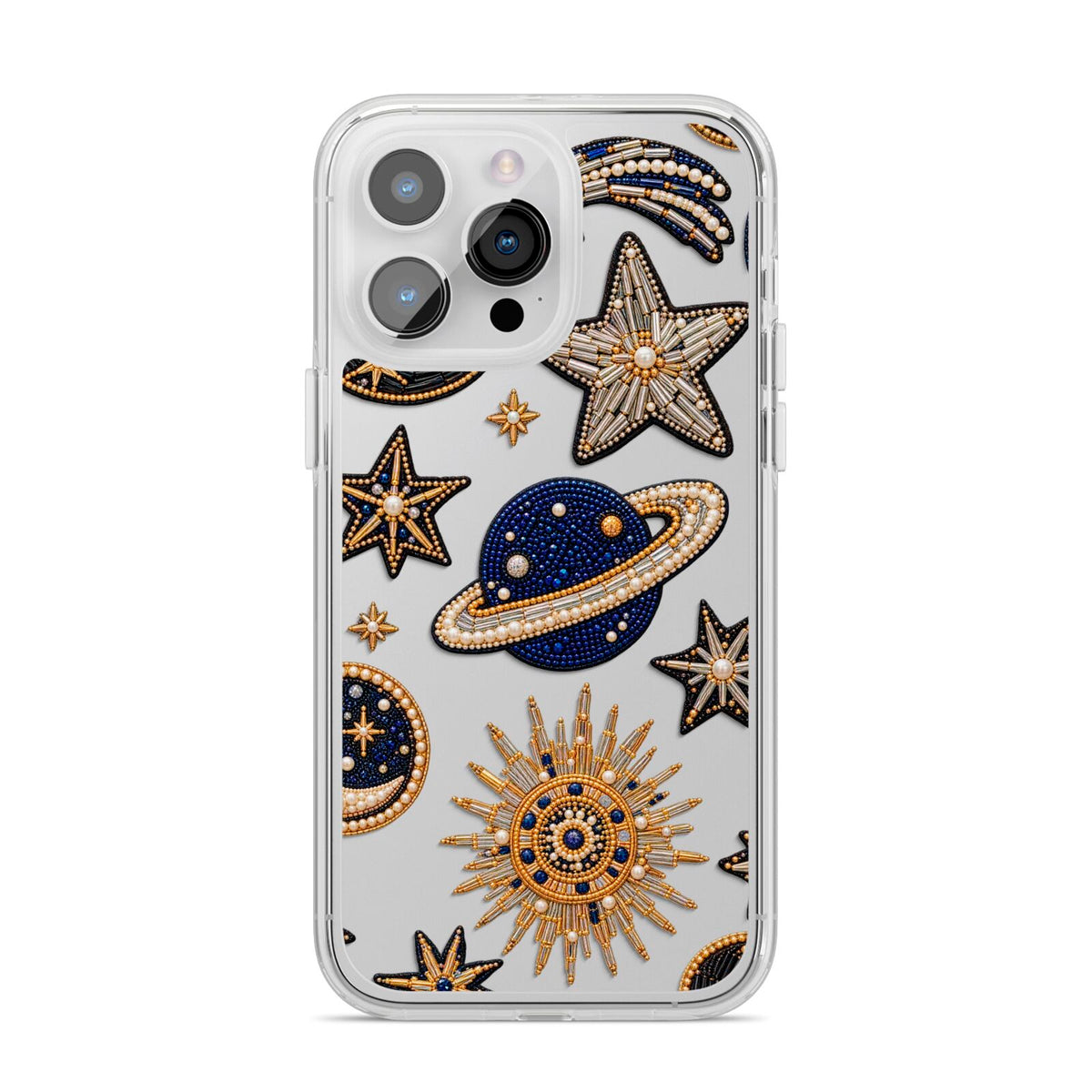 Moonlit Charms Beaded Celestial iPhone 14 Pro Max Clear Tough Case Silver