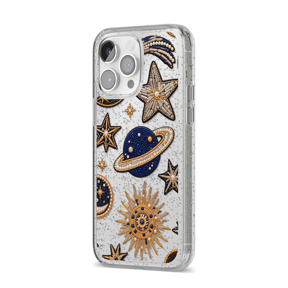 Moonlit Charms Beaded Celestial iPhone 14 Pro Max Glitter Tough Case Silver Angled Image