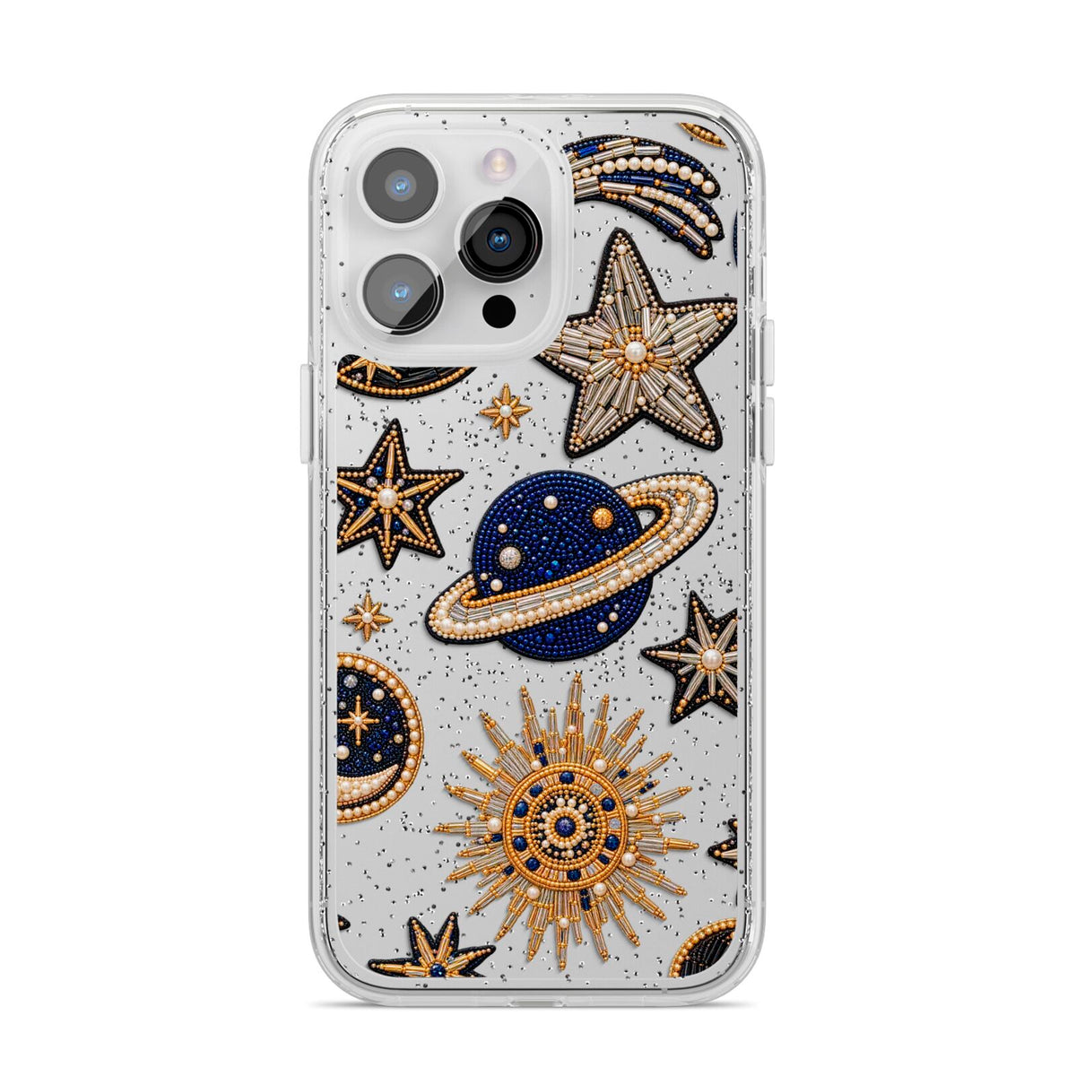 Moonlit Charms Beaded Celestial iPhone 14 Pro Max Glitter Tough Case Silver