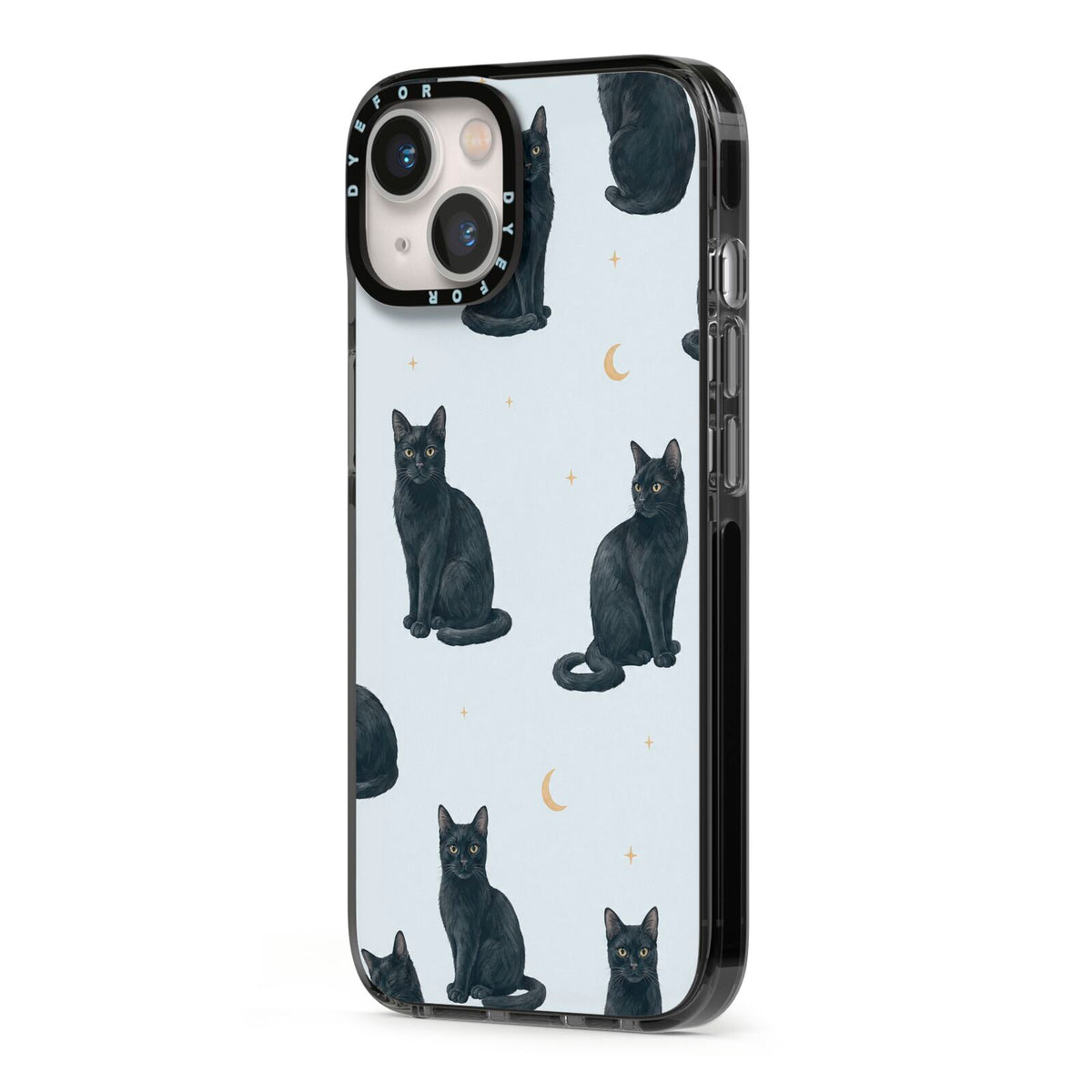 Moonlit Mews iPhone 13 Black Impact Case Side Angle on Silver phone